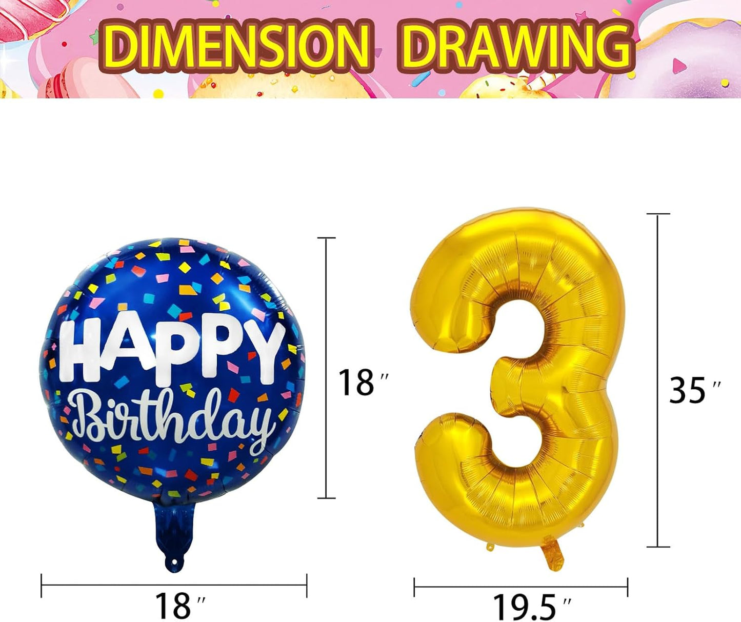 50 Pcs Happy Birthday Party Aluminum Foil Balloons and 3th Birthday Decorations, 18 Inch Round With Sign for Boys/Girls (3)