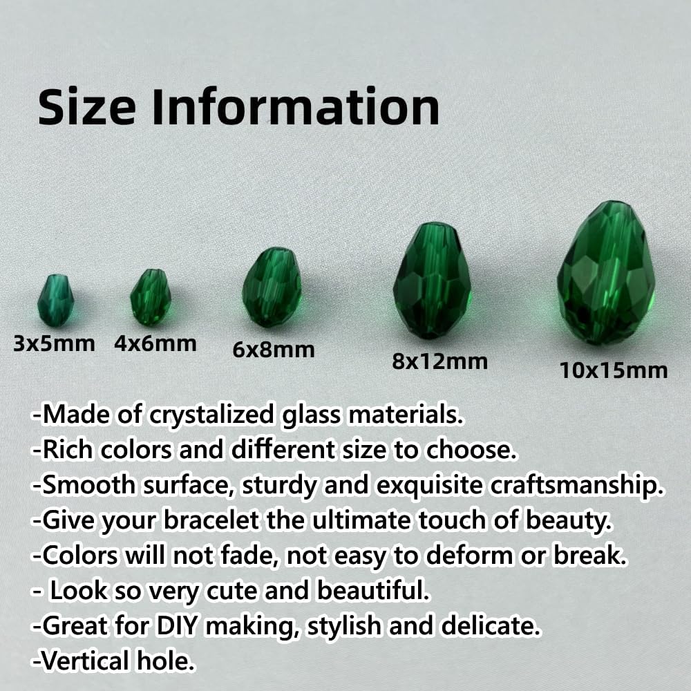 150pcs 4x6mm Teardrop Crystal Glass Beads for Jewelry Making, Faceted Vertical Hole Teardrop Glass Spacer Beads for Wind Chimes Bracelet Earring Necklace DIY Craft(Peacock Green)