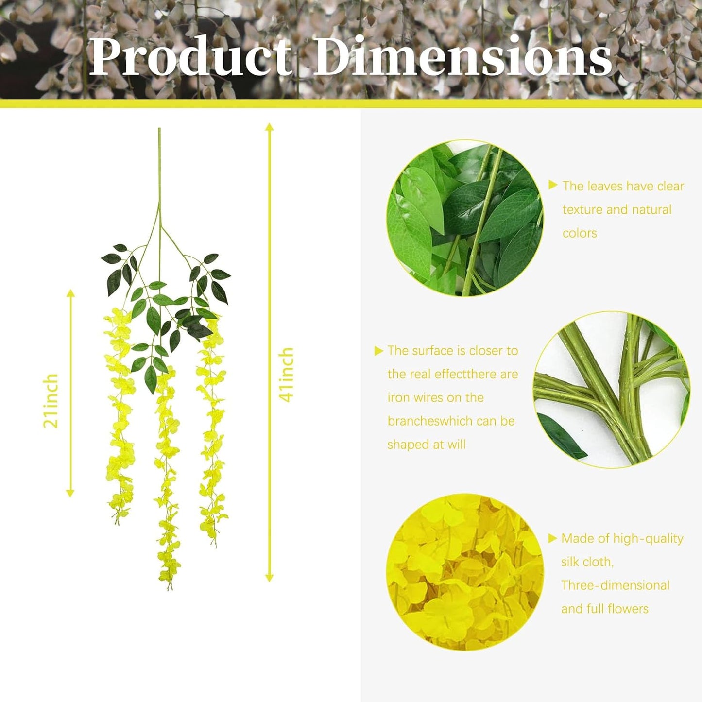 36 Pack Yellow Wisteria Hanging Flowers, 3.44 Ft Fake Hanging Flowers, Artificial Wisteria Garland Vines for Wedding Room Backdrop Outdoor Patio Garden Decoration