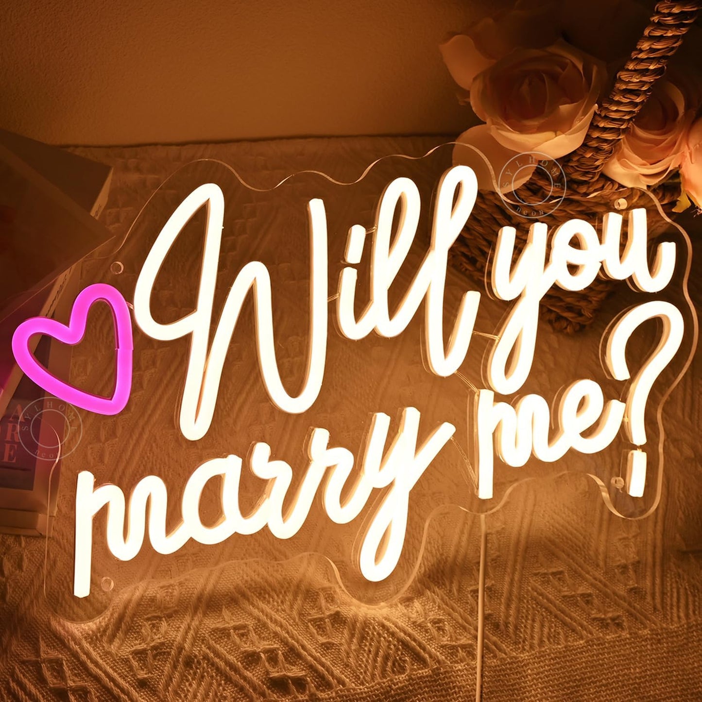 SYLHOME Will You Marry Me ? Led Neon Light Sign Heart Wedding Proposal Bedroom Wall Sign Decor Bridal Shower Engagement Party Backdrop 15.75" X 9.45" USB