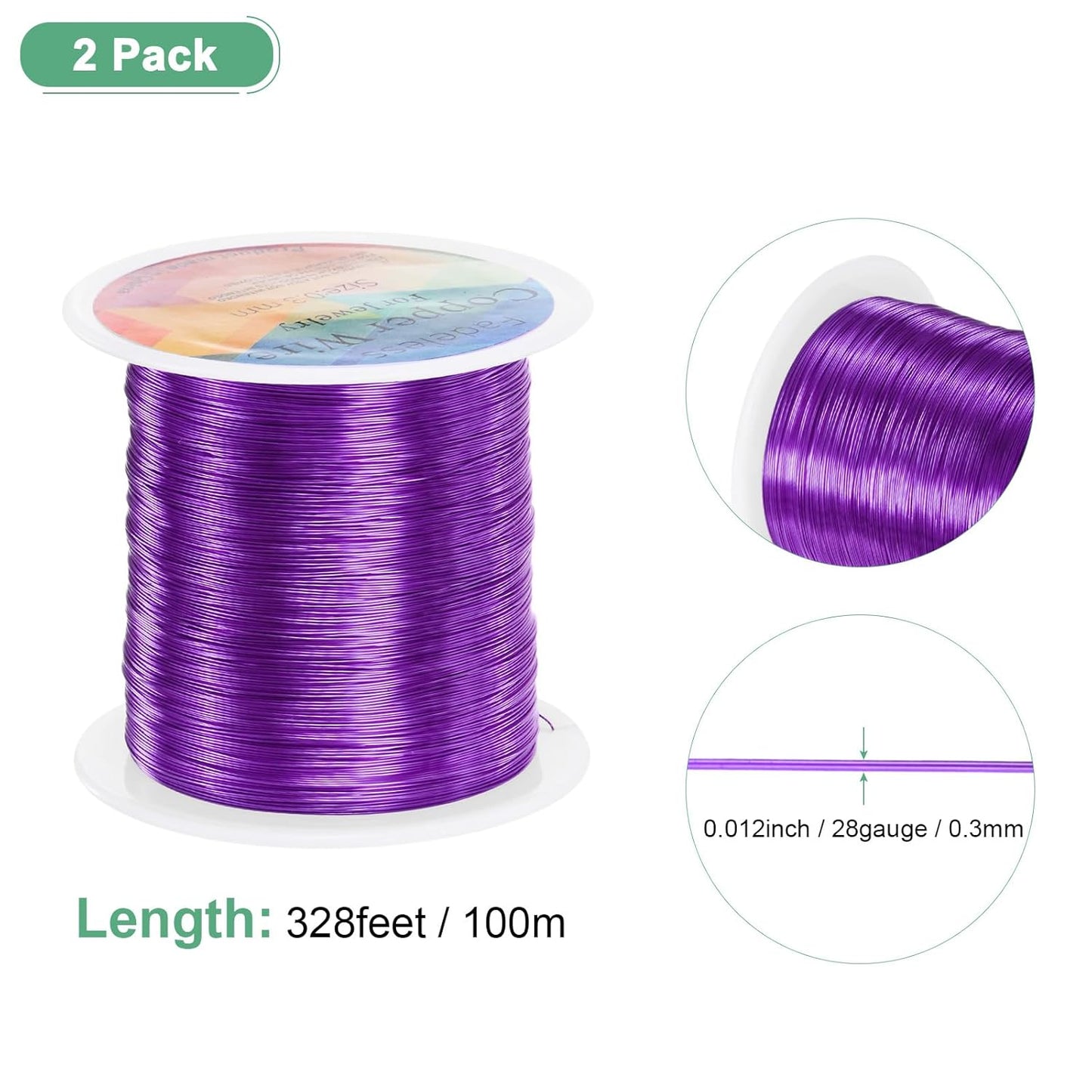 2-Rolls 0.3mm Jewelry Wire, 28 Gauge 328FT Craft Wire Copper Beading Wire for Jewelry Making/Planting/Weaving/DIY Crafting, Soft Metal Wires [100M, Purple]