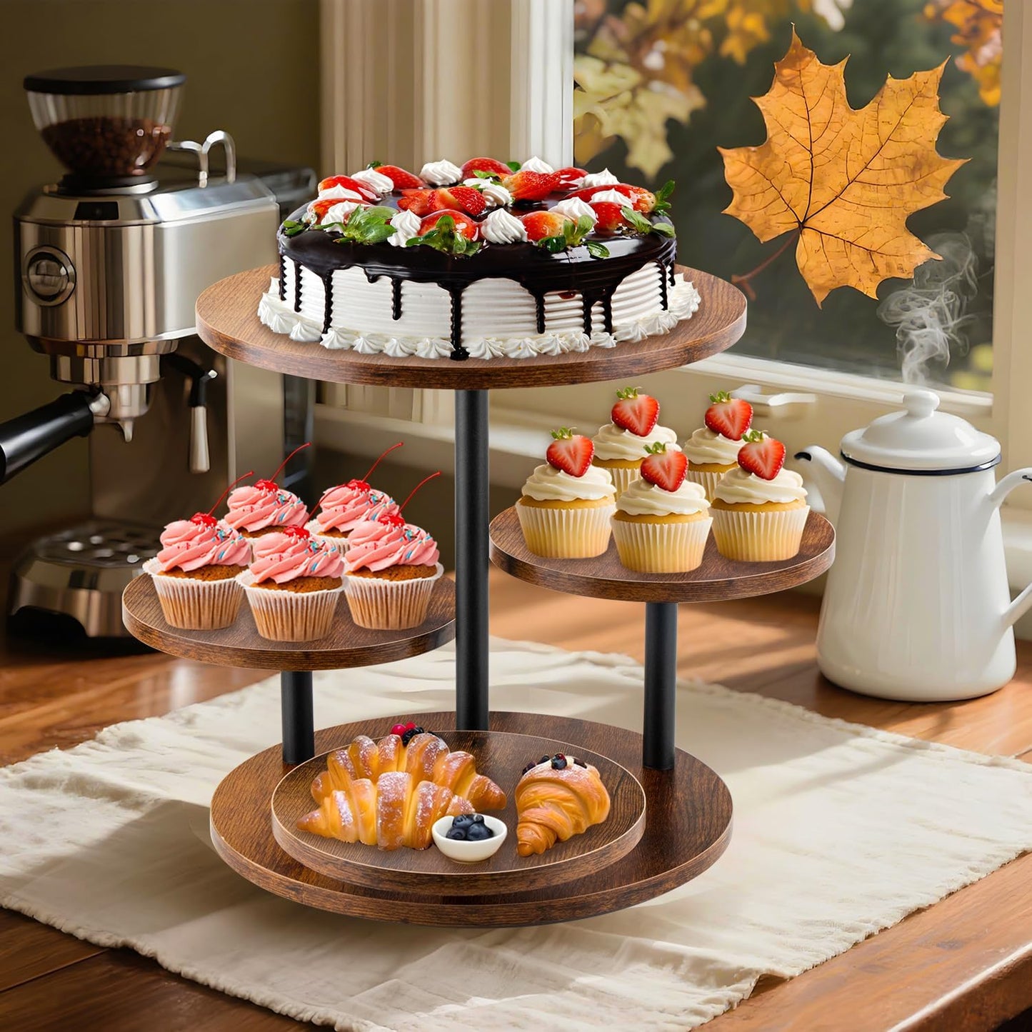 Rustic 4-Tier Rotating Wooden Cupcake Tower Stand for 50-60 Cupcakes, Elegant Dessert Display Tray for Parties, Weddings, and Celebrations