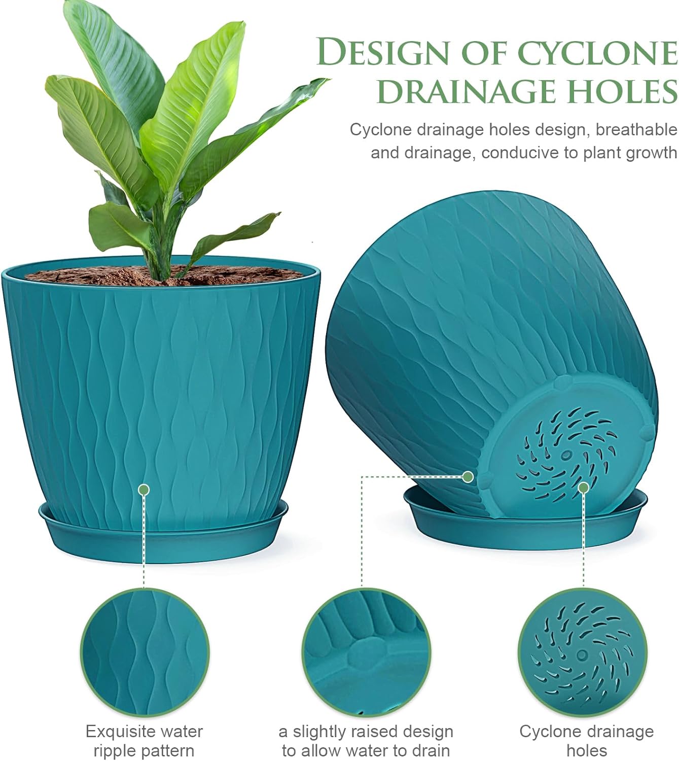 6 inch Plant Pots, 5 Pack Flower Pots with Drainage Holes and Saucers for Indoor Plants, Plastic Planters with Water Ripple for Small Garden House Plants, Nursery Pots for Succulent, Blue Green