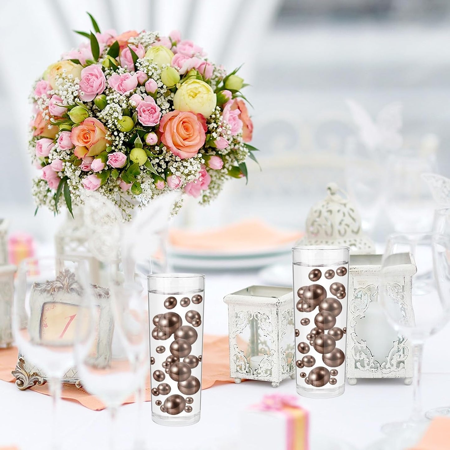 100PCS Brown Faux Pearls Beads for Centerpiece Vases, Vase Filler Faux Pearls, No Holes Filler Beads for Party Anniversary Birthday Wedding Table Decor, 14/20/30mm