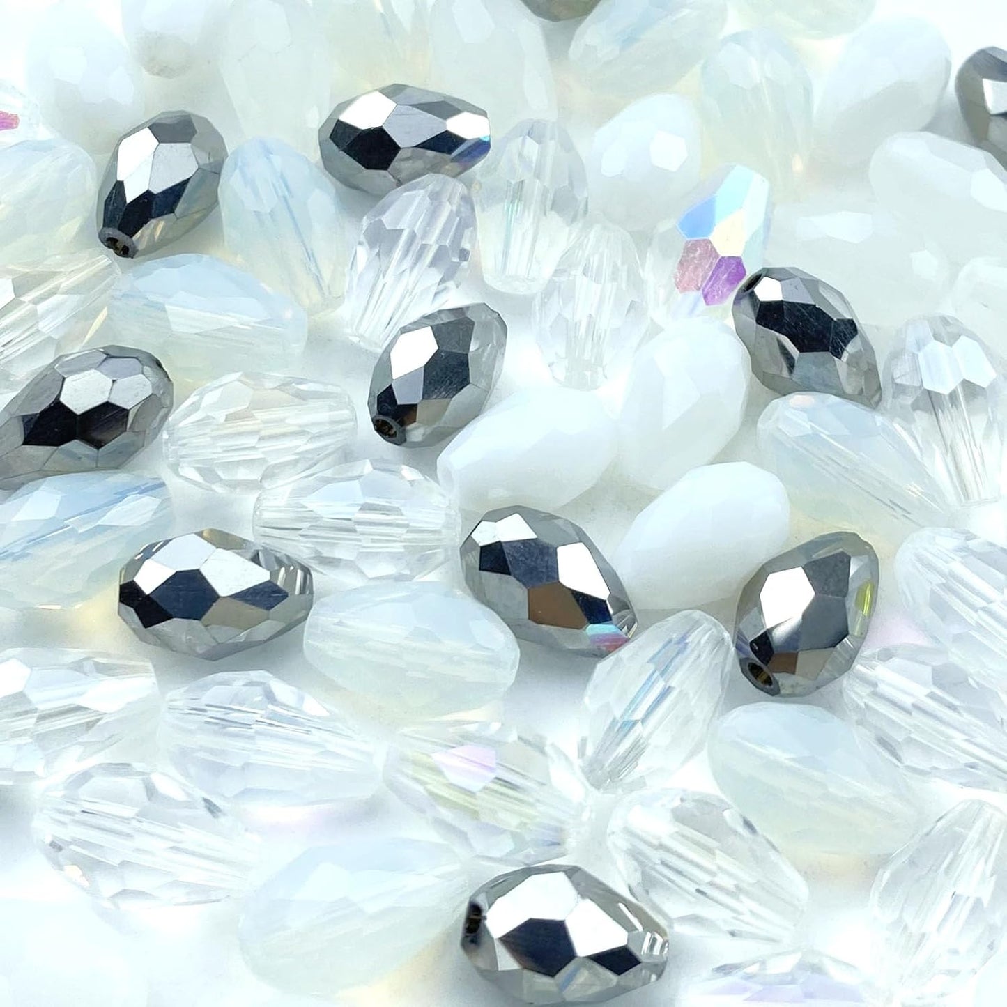 110pcs 6x8mm Teardrop Crystal Glass Beads Vertical Hole Faceted Loose Spacer Beads for DIY Craft Jewelry Making Necklace Bracelet Earring Wind Chimes(White Series)