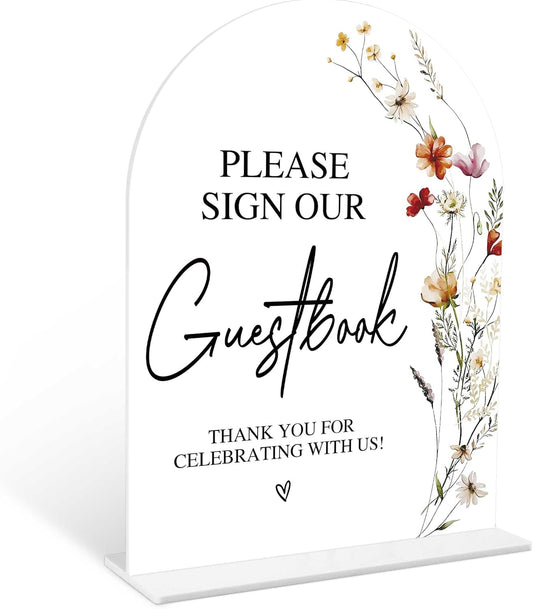 Boho Floral Please Sign Our Guestbook Sign, 6 x 8 Inch White Arch Acrylic Wedding Sign with Holder, Wedding Sign for Ceremony and Reception, Wedding Decoration, Wedding Supplies - BX02