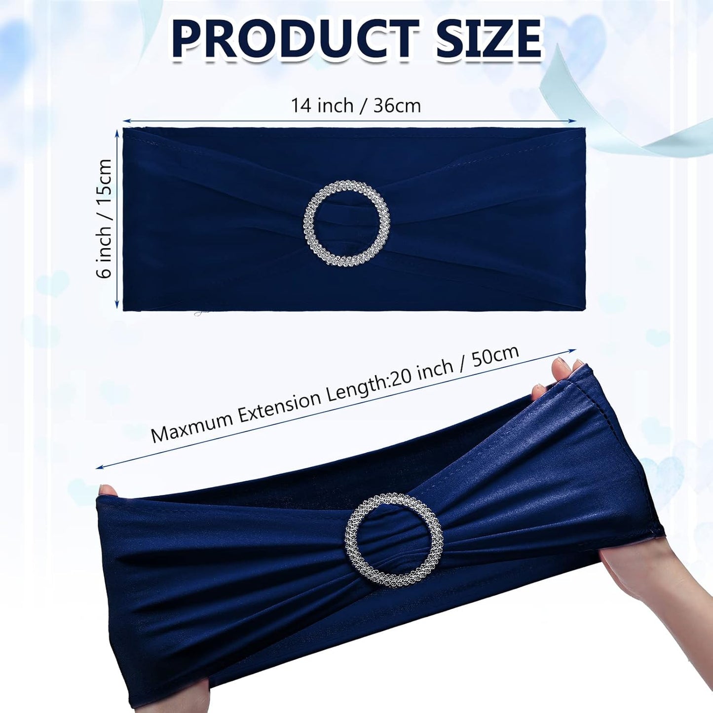 CHENGU 150 Pieces Spandex Stretch Chair Sashes Bows Elastic Chair Cover Bands Ties with Buckle Slider for Wedding Party Reception Events Universal Ceremony Banquet Decorations (Dark Blue)