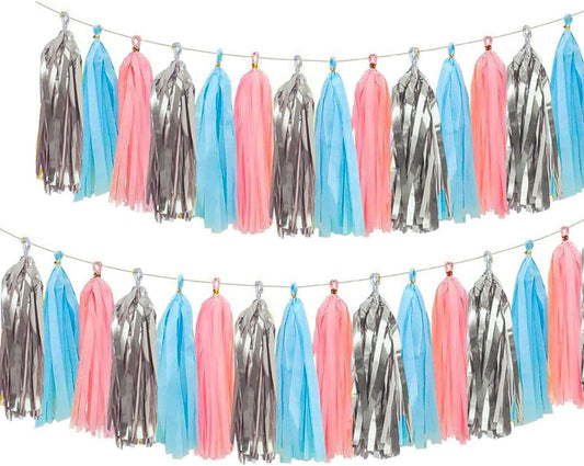 Pink Blue and Silver Tissue Paper Tassel Banner for Gender Reveal Birthday,Baby Shower Party Decorations,15 Pcs