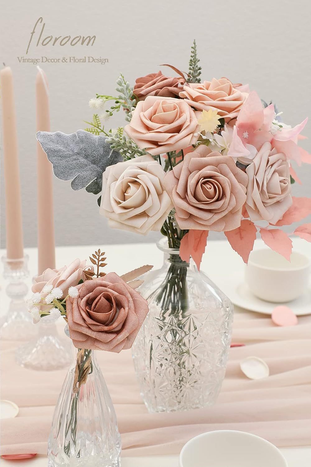 Floroom Artificial Flowers 25pcs Real Looking Morandi Peach Ombre Colors Foam Fake Roses with Stems for DIY Wedding Bouquets Bridal Shower Floral Centerpieces Party Tables Home Decorations