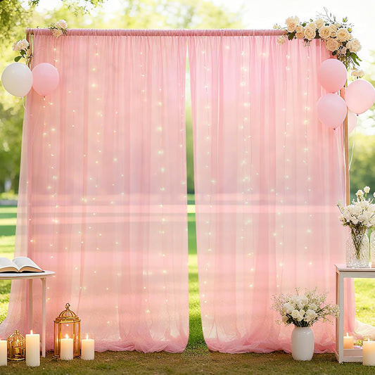 10×10ft Tulle Backdrop Curtains with Lights String - 300LED Fairy Lights Sheer Curtain Backdrop for Weddings Baby Shower and Birthday Party Decorations(8 Panels 5×10ft)