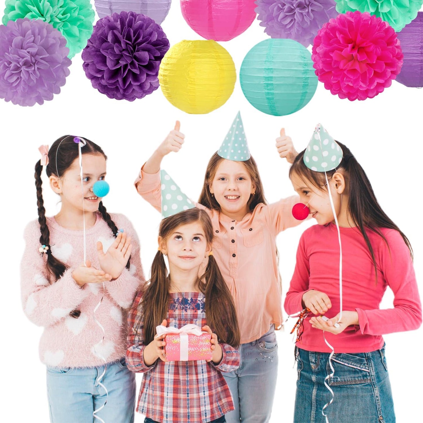 Hot-Pink Purple-Teal Yellow Paper-Flowers Lanterns - 15pc Kids Magic Theme Birthday Party Decorations Tissue Pom Poms Streamers,Bachelorette Bridal Baby Shower Engagement Wedding Decor Panduola