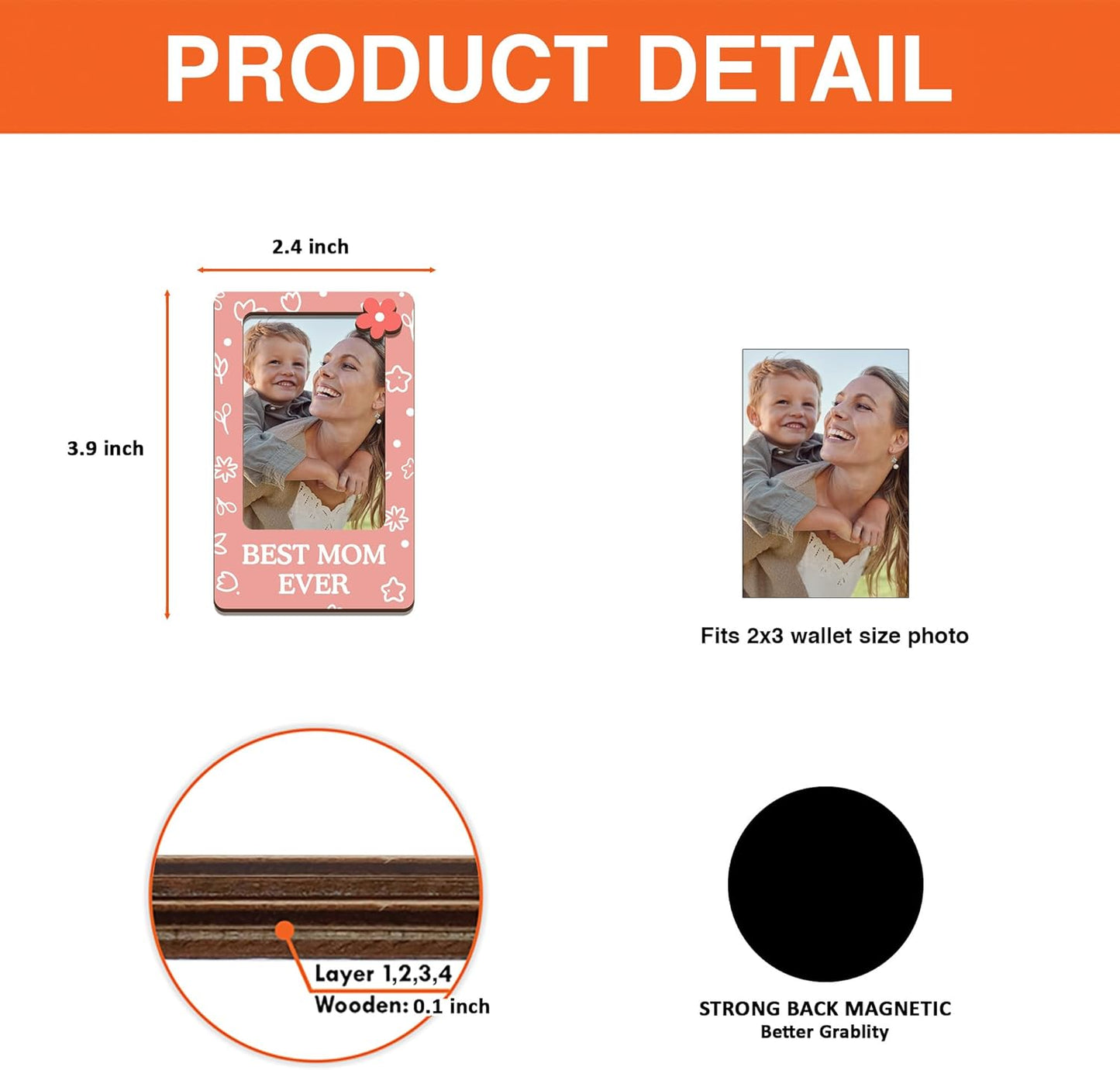 Magnetic Picture Frames - BEST MOM EVER - Christmas Gift Birthday Gift for Mom - Unique Magnet Photo Frame For Women - Magnetic Frames for Refrigerator, Locker & More