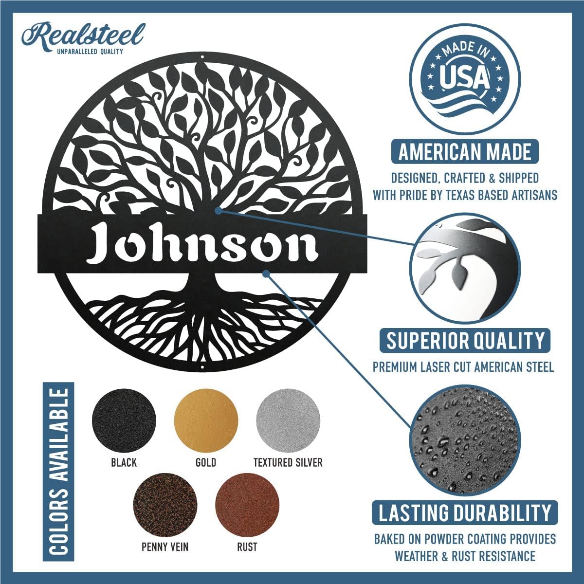 RealSteel Personalized Metal Wall Art - Custom Tree of Life Design with Family Name - Circular Metal Sign - Personalized Wedding, Anniversary, or Housewarming Gift - Rust, 30"