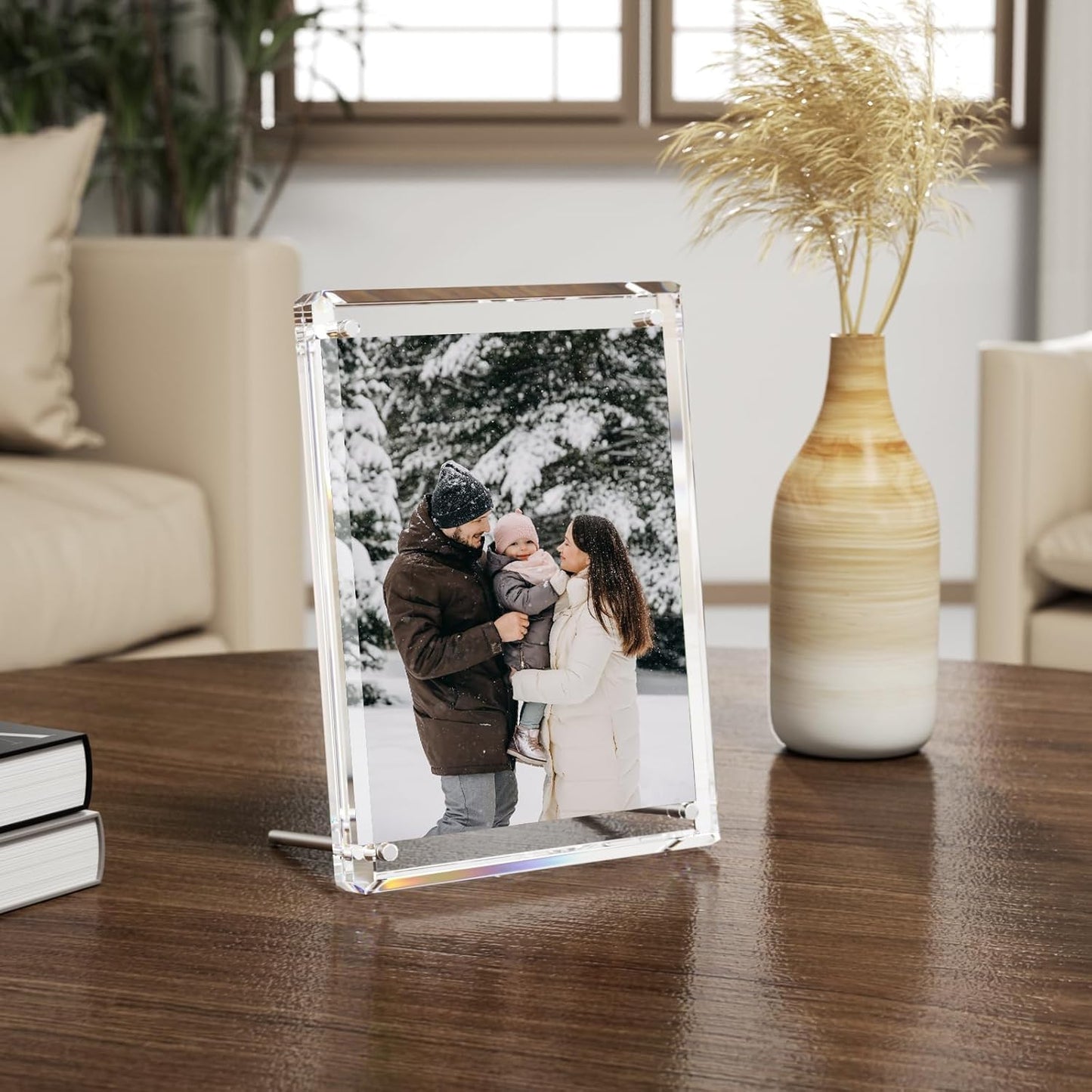 NIUBEE 4x6 Acrylic Picture Frames, Clear Photo Frame for Living Room, Diamond Edge Design, 1 Pack Portrait or Landscape Magnetic Family Thick Desktop Frameless Frame