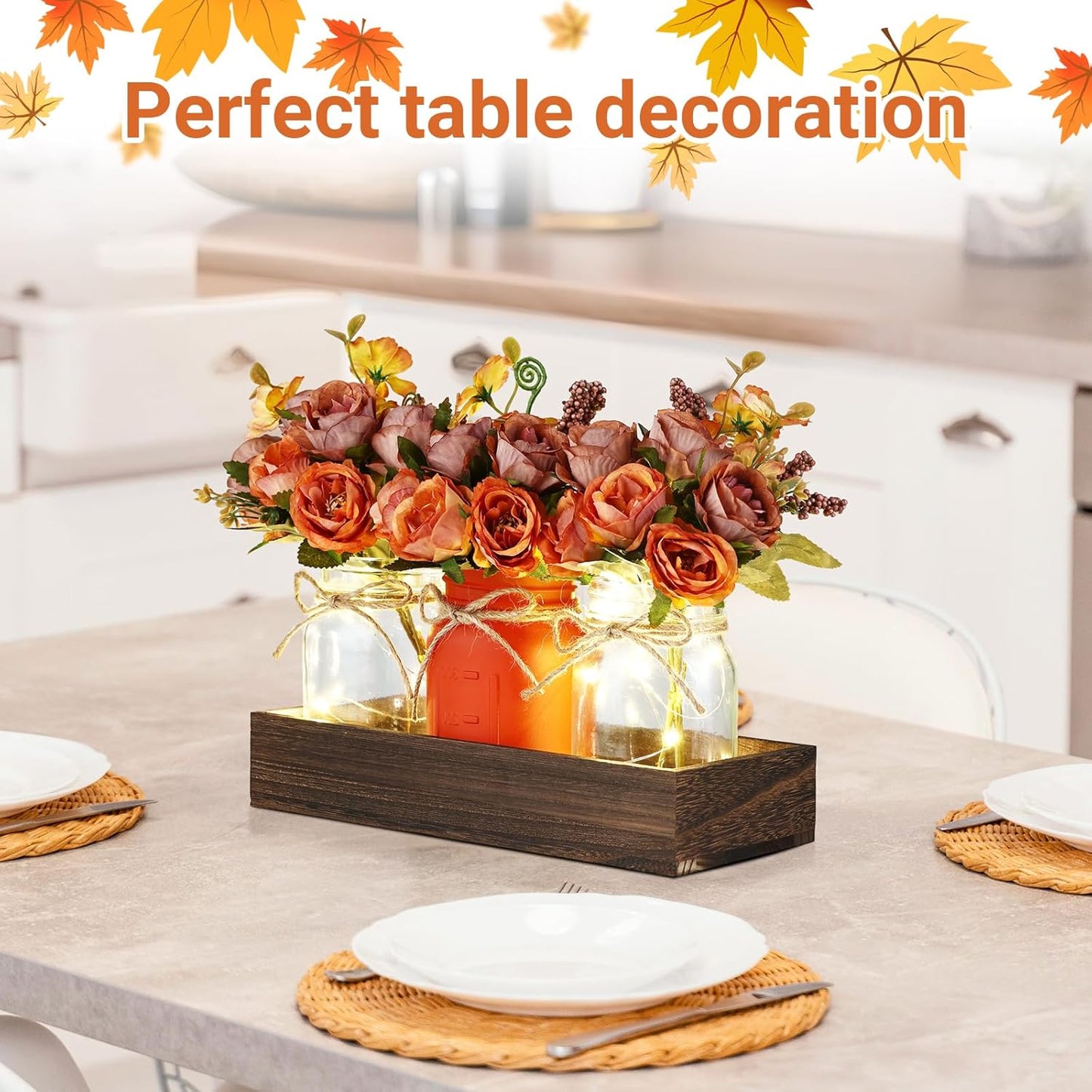 VAIPI Fall Decor Mason Jar Centerpiece Table Decorations with 3 Jar Flowers String Lights and Wooden Tray Fall Decorations for Home Dining Room Farmhouse Autumn Wedding Kitchen Living Room Bathroom