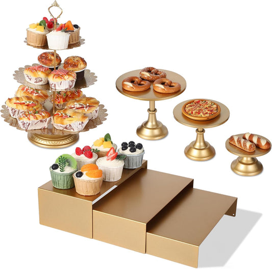 Garvee 7-Piece Gold Metal Cake Stand Set, Dessert Table Display Set with 3 Sizes Round Pedestal Stands, Tiered Cupcake Holder & Display Risers for Party, Wedding, Birthday, Baby Shower, Anniversary