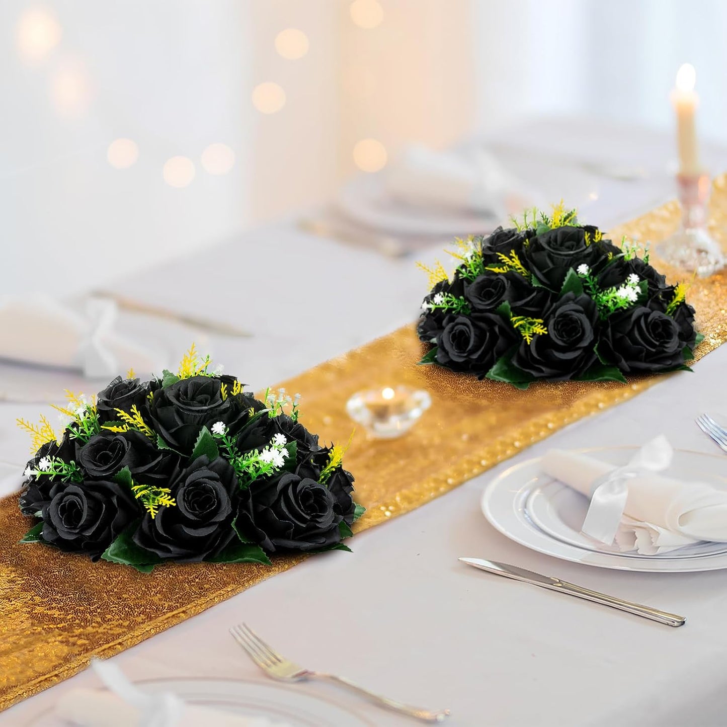 BLOSMON Flower Balls Wedding Rose Centerpieces 6 Pcs Black Fake Flowers Kissing Balls Decor Artificial Floral Arrangements Flower Bouquet of Roses Home Party Room Table DIY Decorations