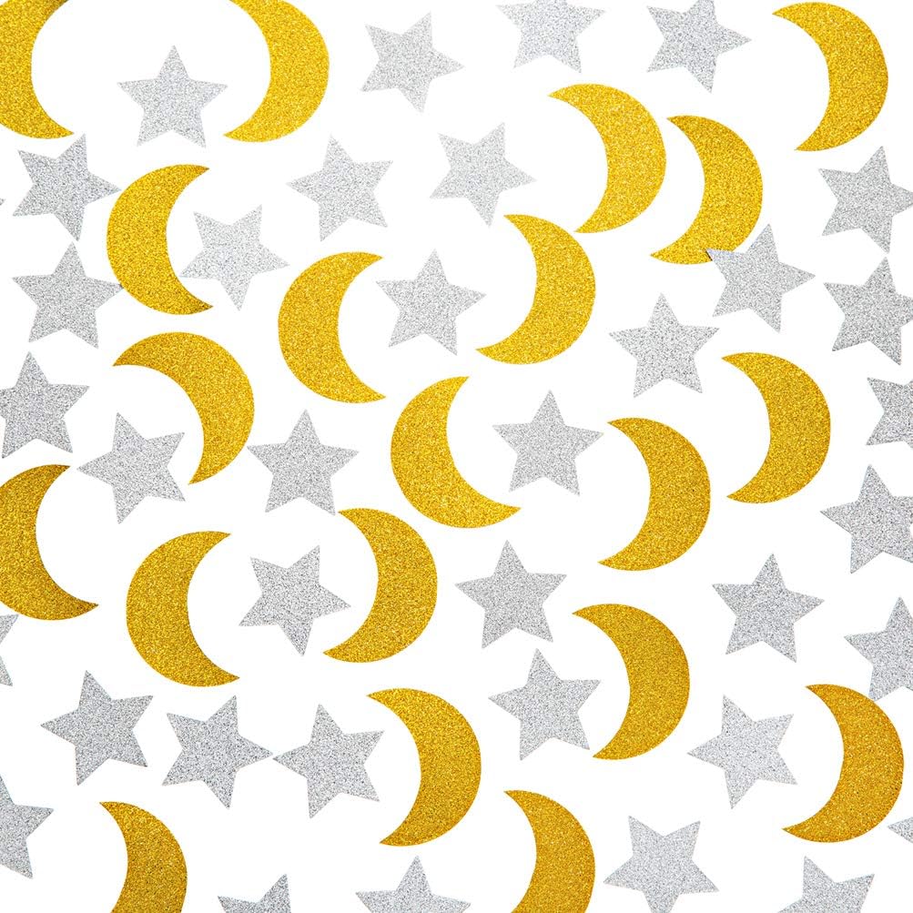 Glitter Confetti Star and Moon for Table Wedding Birthday Eid Party Decoration, 1.2 inch in Diameter(gold,silver,200pc)