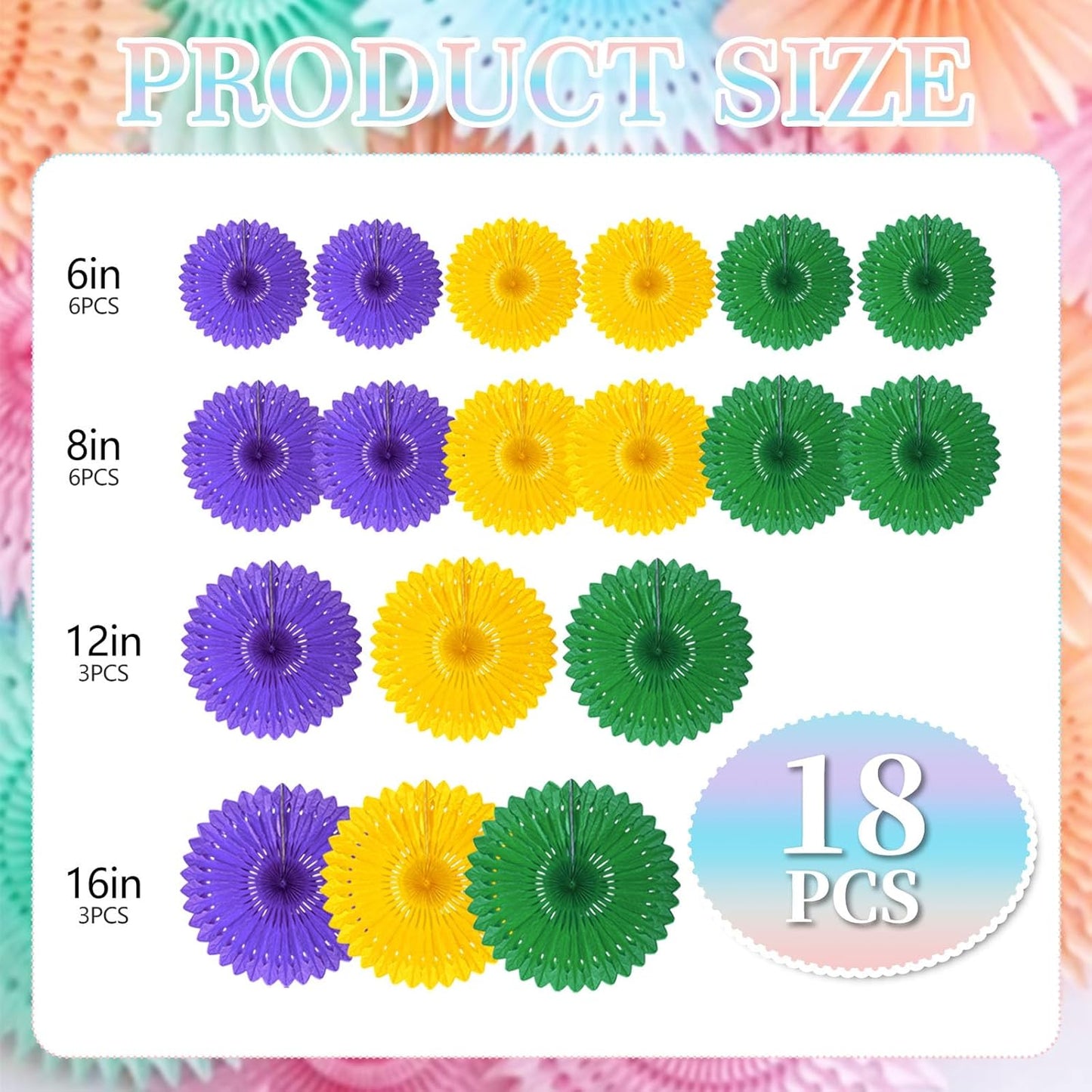 18 Pcs Mardi Gras Hanging Honeycomb Paper Fans, Round Paper Fan Decorations for Weddings, Birthdays, Bachelorette, Photo Booth Backdrops, Baby Shower, Anniversary Events Party Supplies