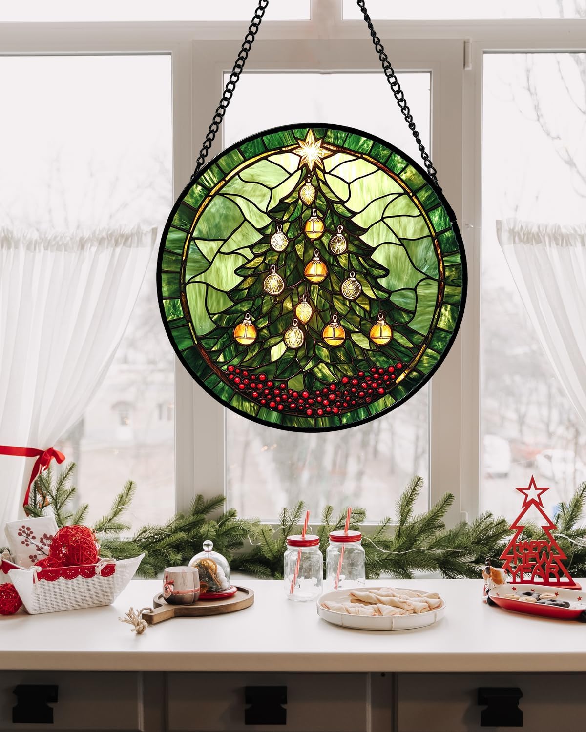 Stained Glass Window Hanging - Green Christmas Tree Golden Bells Suncatcher for Doors Home Christmas Decoration Sun Catcher Thanksgiving New Year Birthday Gift for Women Men Mom Nana 11.8 in
