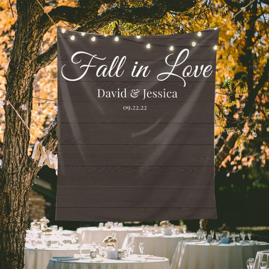 Wedding Backdrop for Reception, Custom Tapestry with Names & Date, Rustic Sign, Personalized Wood Photography Lights Banner Ceremony, Arch Decor One Size