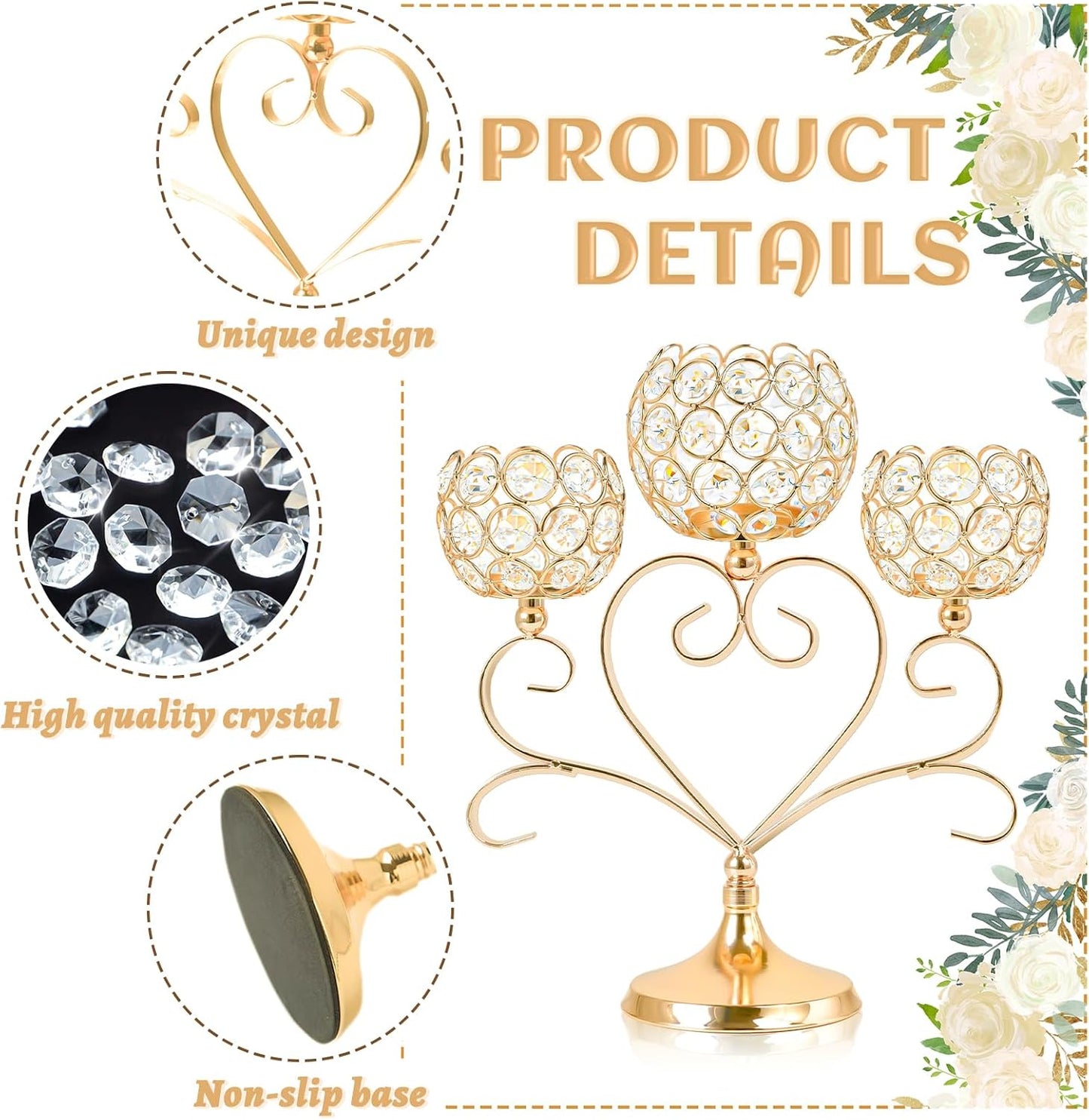 6 Pcs Gold 3-Arm Heart Tea Light Candle Holder - Crystal & Metal Wedding Centerpiece Decor, Sparkling Table Decor for Anniversaries/Romantic Tabletop Home/Dinner Party/Events