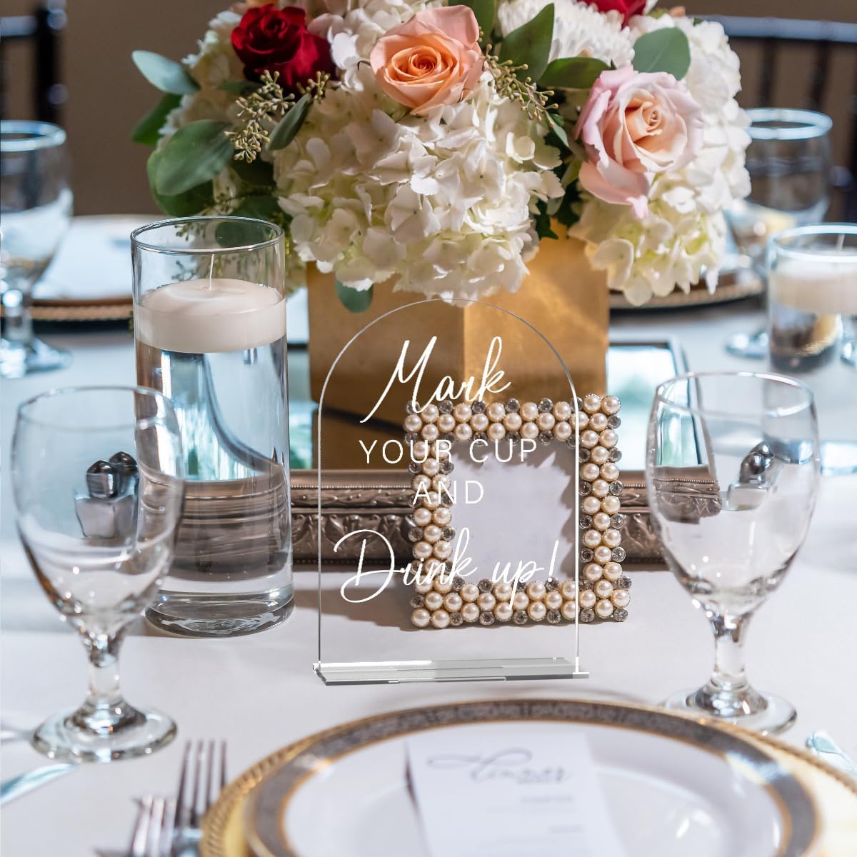 Acrylic Wedding Sign Wedding Signs for Ceremony Mark Your Cup and Drink Sign for Wedding, Modern Calligraphy Arch Acrylic Table Top Sign for Wedding Reception and Event Party Table