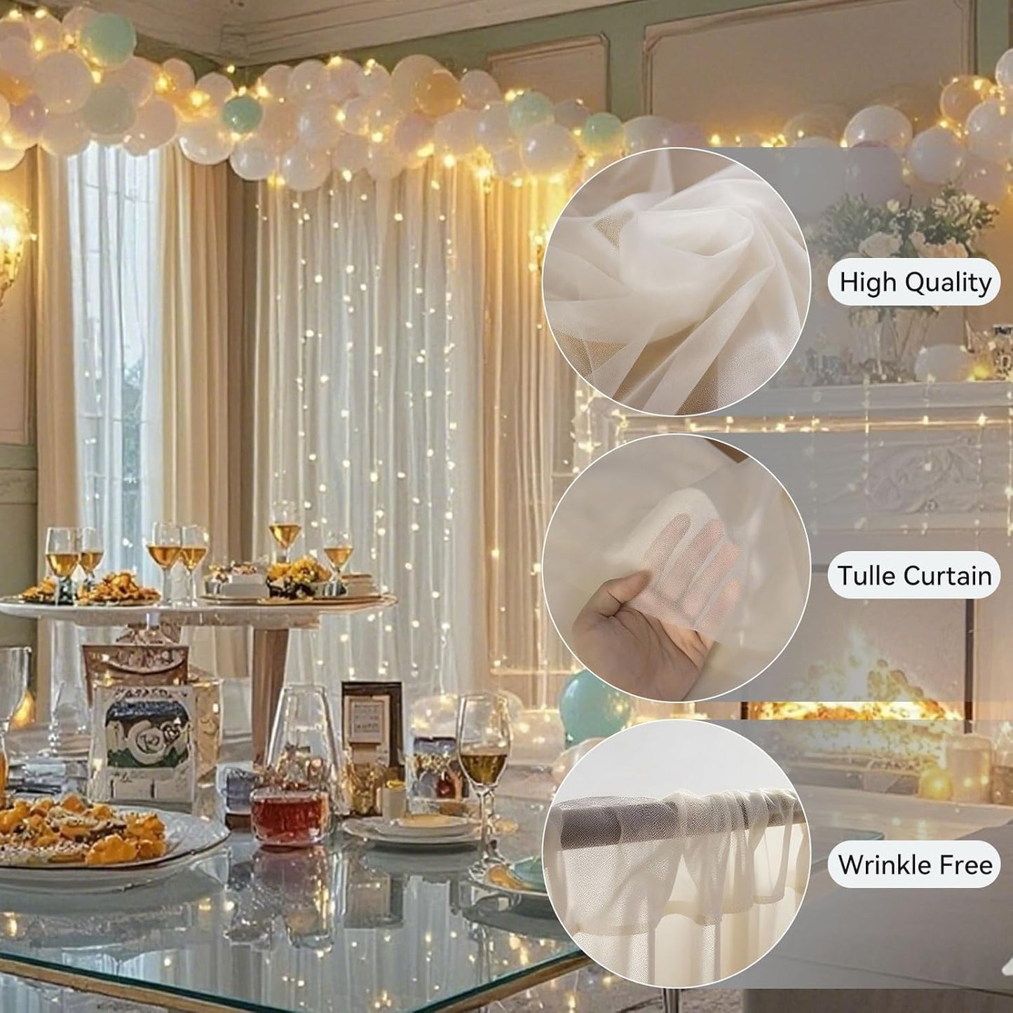 10×8ft Tulle Backdrop Curtains with Lights String - 300LED Fairy Lights Sheer Curtain Backdrop for Weddings Baby Shower and Birthday Party Decorations(4 Panels 5×8ft)