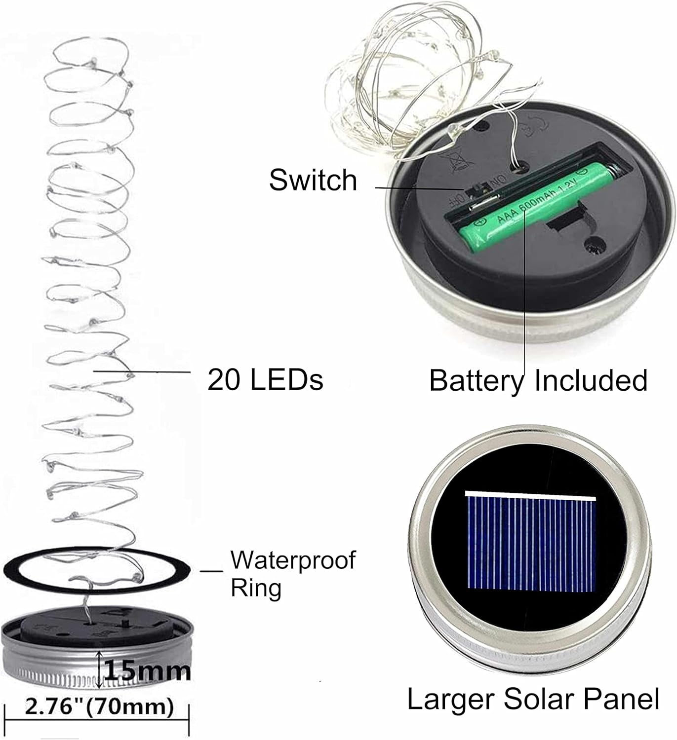 Decorman Solar Mason Jar Lid Lights, 6 Pack 20 LED Waterproof String Fairy Star Firefly Jar Lids Lights for Patio Garden Yard Lawn Party Wedding Christmas Decoration(Jars & Hangers Not Included)