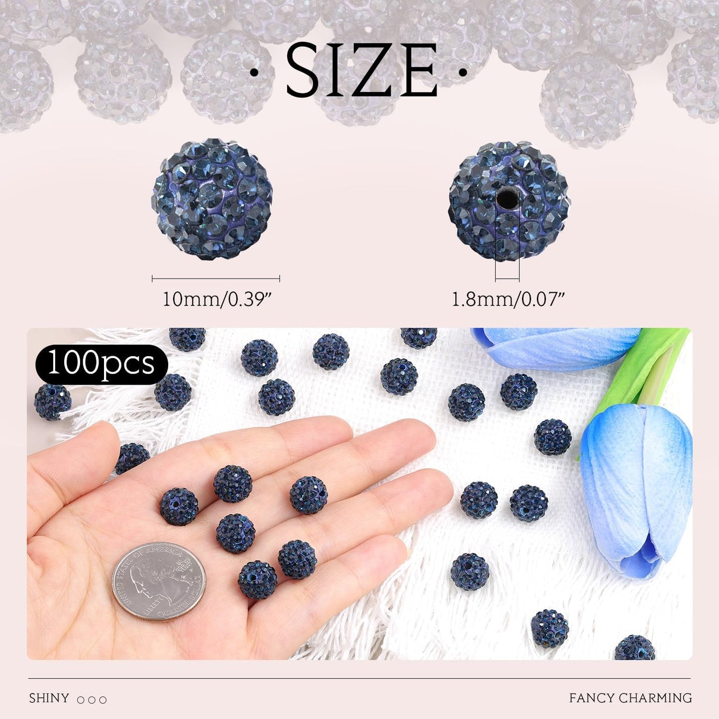 100pcs 10mm Rhinestone Beads for Jewelry Making, Blue Black Shiny Round Shamballa Disco Ball Beads Bulk, Sparkle Crystal Clay Christmas for Bracelet Baseball Necklace Earring Crafting and DIY