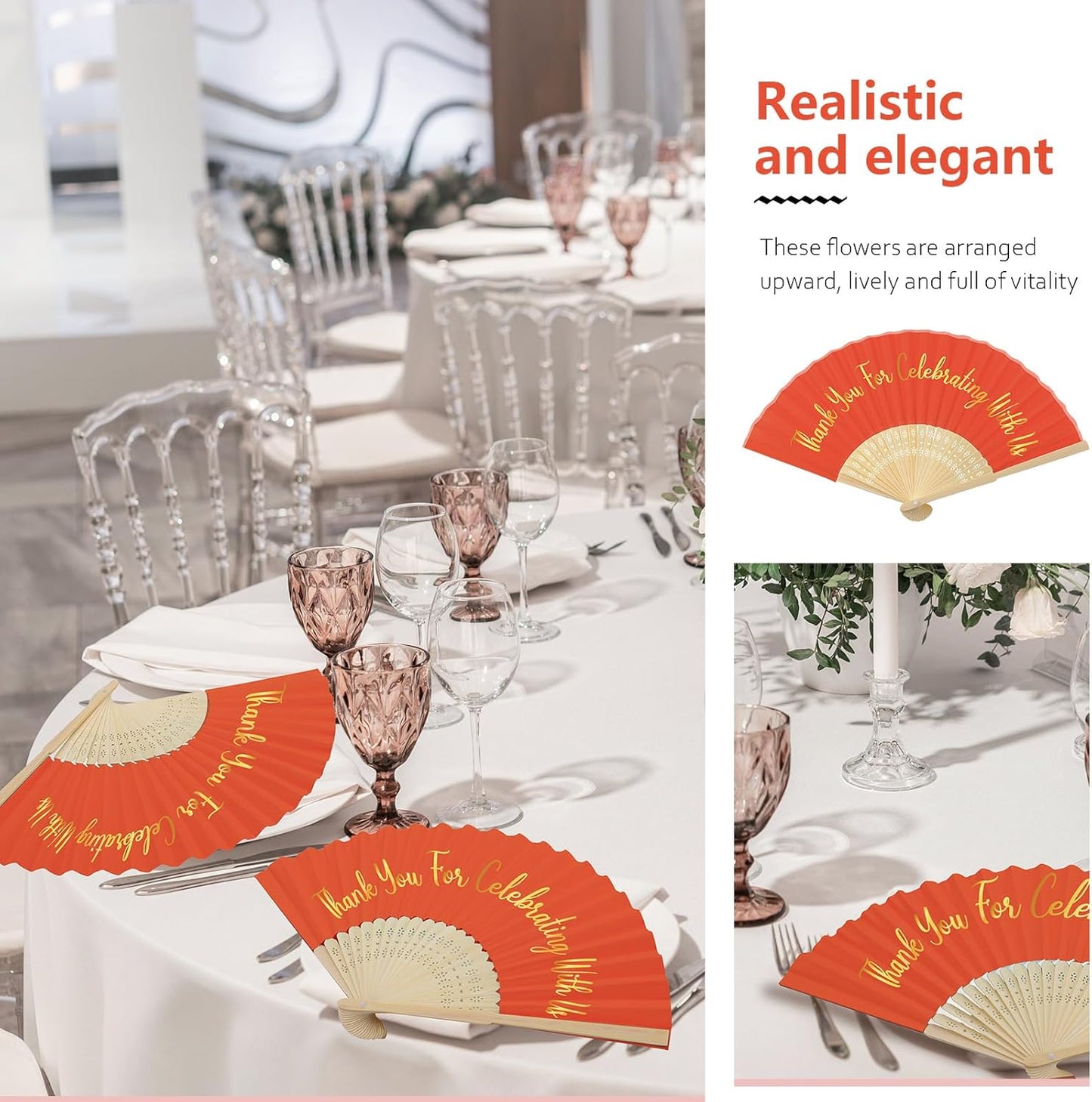 Jetec 50 Pcs Wedding Fans for Guests Bulk Silk Hand Fans Handheld Folded Thank You for Celebrating with Us Wedding Favors for Bridal Bridesmaid Baby Shower Dancing Party Church Gift(Orange)