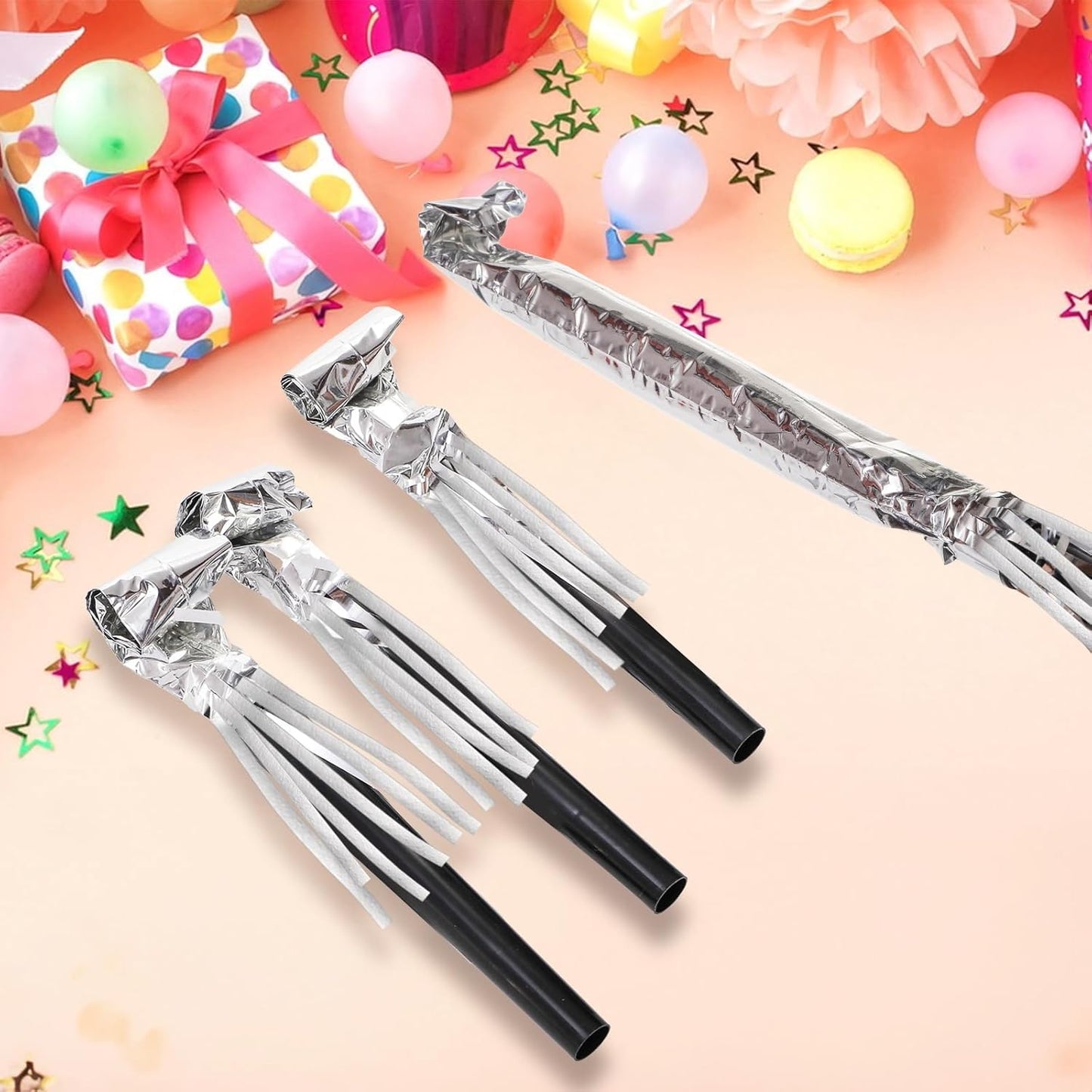 60 Packs Silver Noise Makers, Metallic Fringed Party Blowers, Horns Musical Blowouts Whistles for Birthday Party, Sporting Events, Graduation, Party Favor Supplies Adults