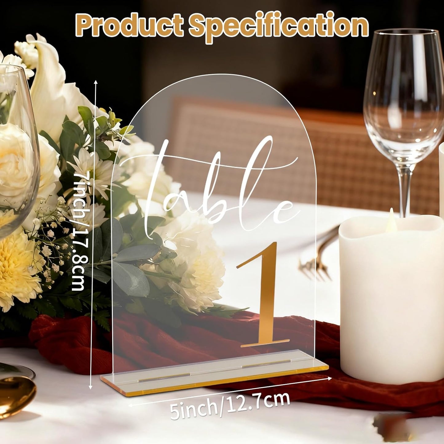 Wedding Table Numbers 1-20 with Stands, 5” x 7” Elegant Acrylic Display Signs with Golden Text, Great Table Numbers for Wedding Reception, Decoration, Centerpiece, Party, Anniversary and Event