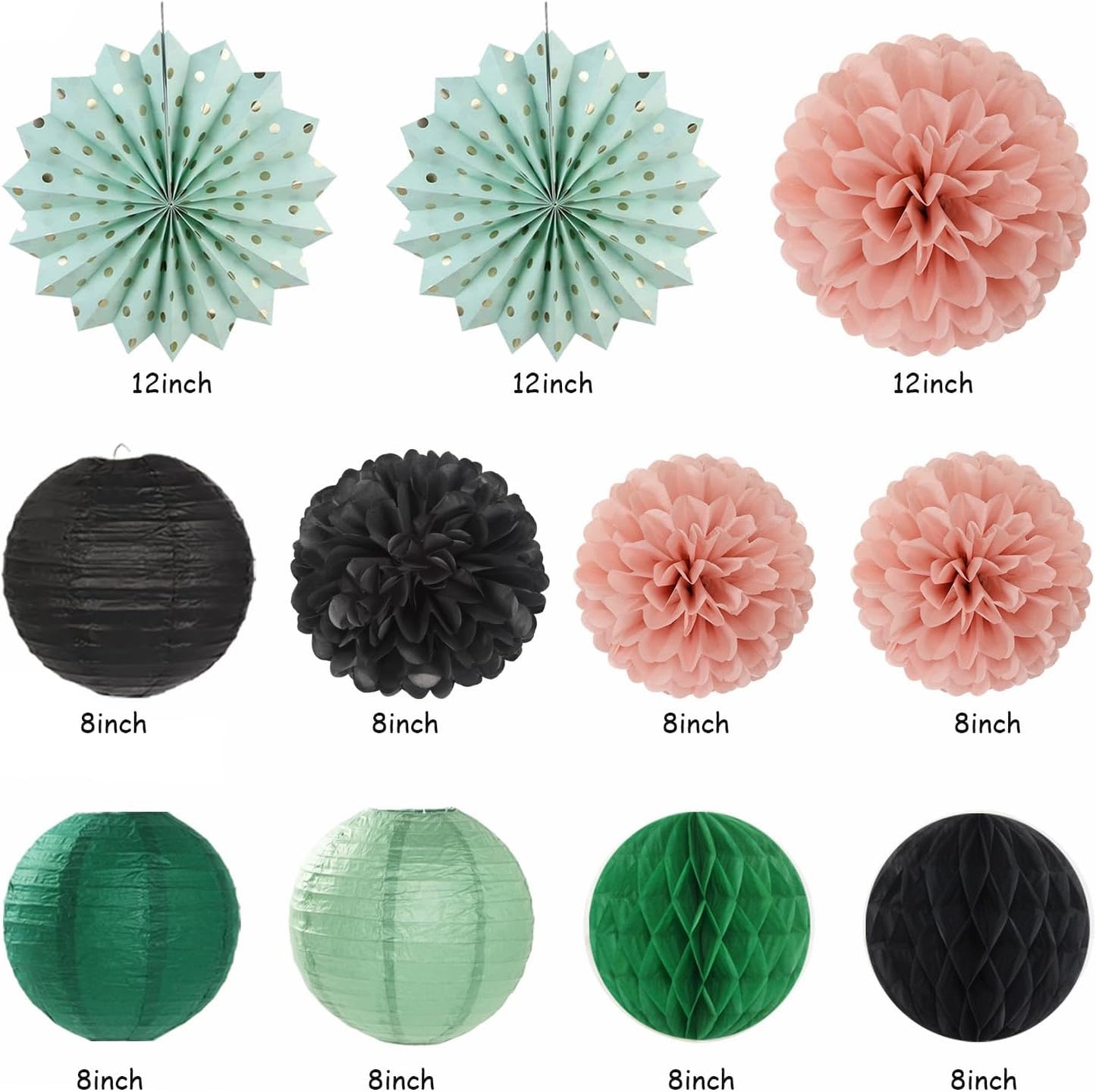 Sage-Green Blush-Pink Black Birthday Party-decorations - 21pcs Girls Woman Happy Banner Garland, Paper Streamers Lanterns,Flower Tissue Pom Poms Fan Supplies,Wall Backdrop Decor Huglony