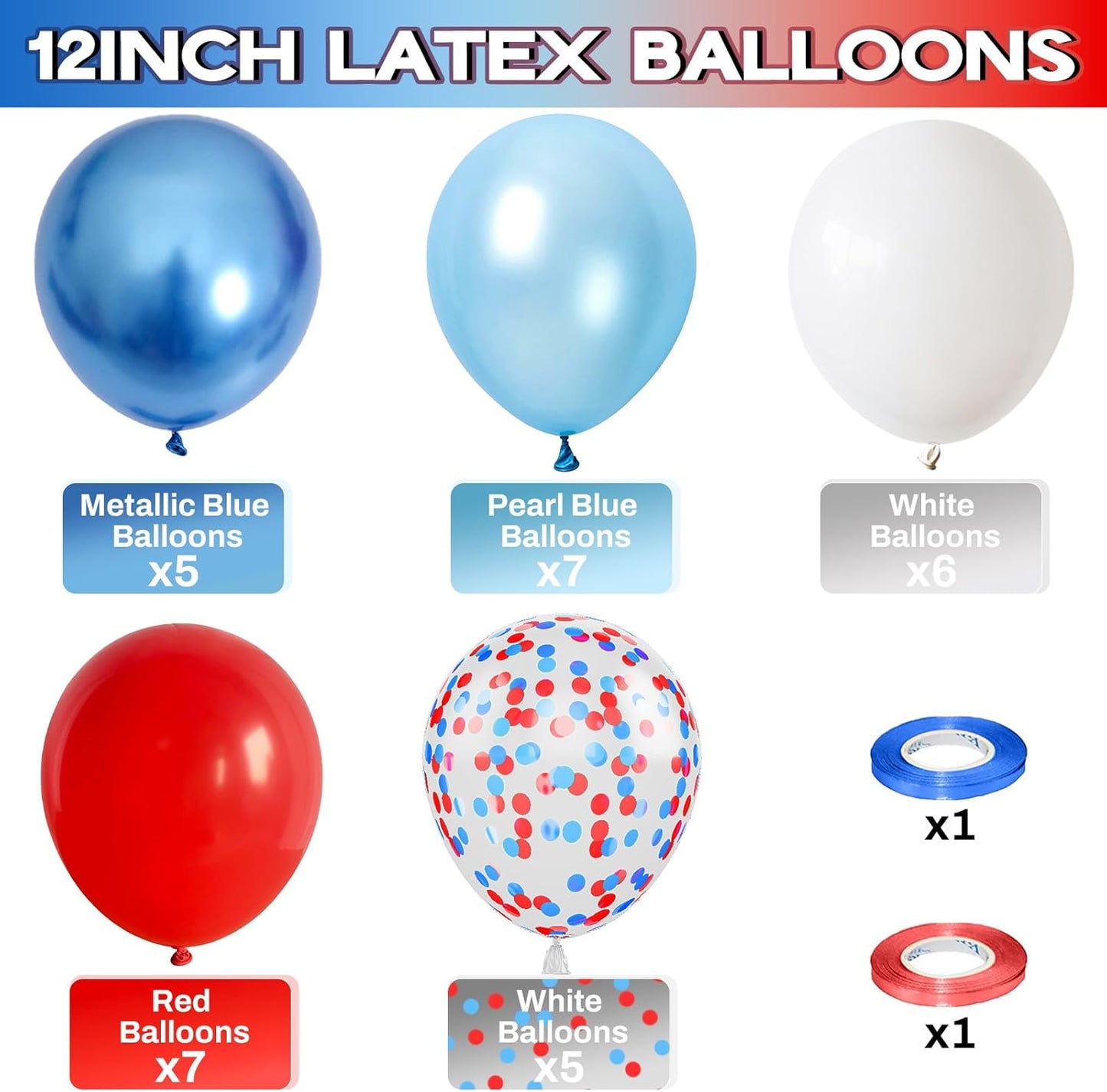 Red White Blue Balloons, 12 Inch Pearl Metallic Blue Red White Confetti Latex Helium Balloon for Royal Patriotic Platinum Jubilee Baseball Nautical Birthday Baby Shower Graduation Party Decorations