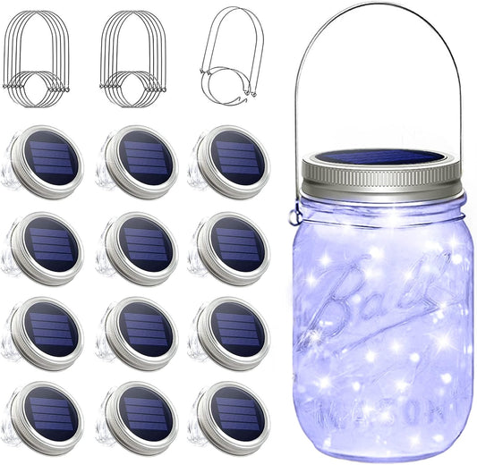 SunKite Solar Mason Jar Lights, 12 Pack 30 LED Waterproof Fairy Firefly Jar Lids String Lights with Hangers(NO Jars), Patio Yard Garden Wedding Decoration - Cool White