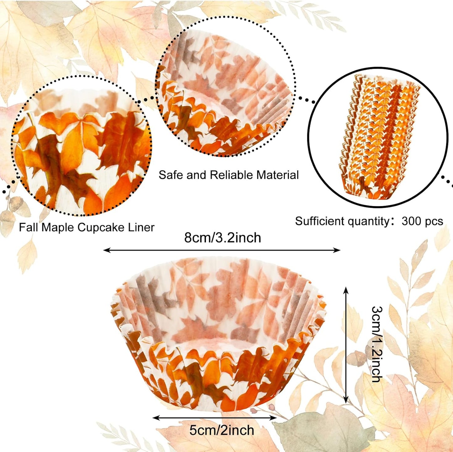 Whaline 300Pcs Fall Cupcake Liners Orange Maple Leaves Paper Baking Cups Thanksgiving Watercolor Leaves Paper Cake Muffin Liner Cupcake Wrappers for Autumn Harvest Party Supplies, 2x1.2 Inch