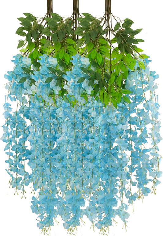 12 Pack Lake Blue Wisteria Hanging Flowers Garland, 3.77 Feet Artificial Flower Vines, Fake Wisteria, Artificial Vines Hanging Garland for Backdrop Outdoor Yard Garden Decor