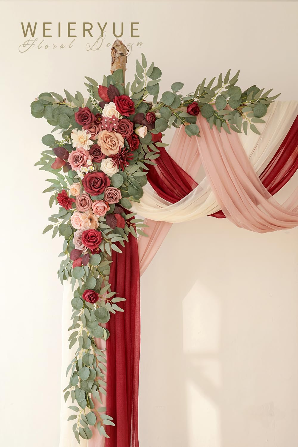 Deluxe Wine Red Artificial Wedding Arch Flowers with Drapes Kit-Pack of 5, 2pcs Flower Arrangements 3pcs Hanging Valance Red Ceremony Arbor Reception Backdrop Rose Floral Decorations.