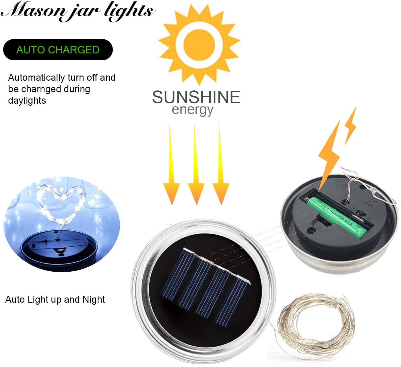 VOOKRY 6 Pack Solar Mason Jar Lights, 30 LED Mason Jar Lids Waterproof Firefly Fairy String Lights with 6 Hangers(No Jars), for Outdoor Patio Garden Yard Lawn Party Wedding Decoration - Cool White