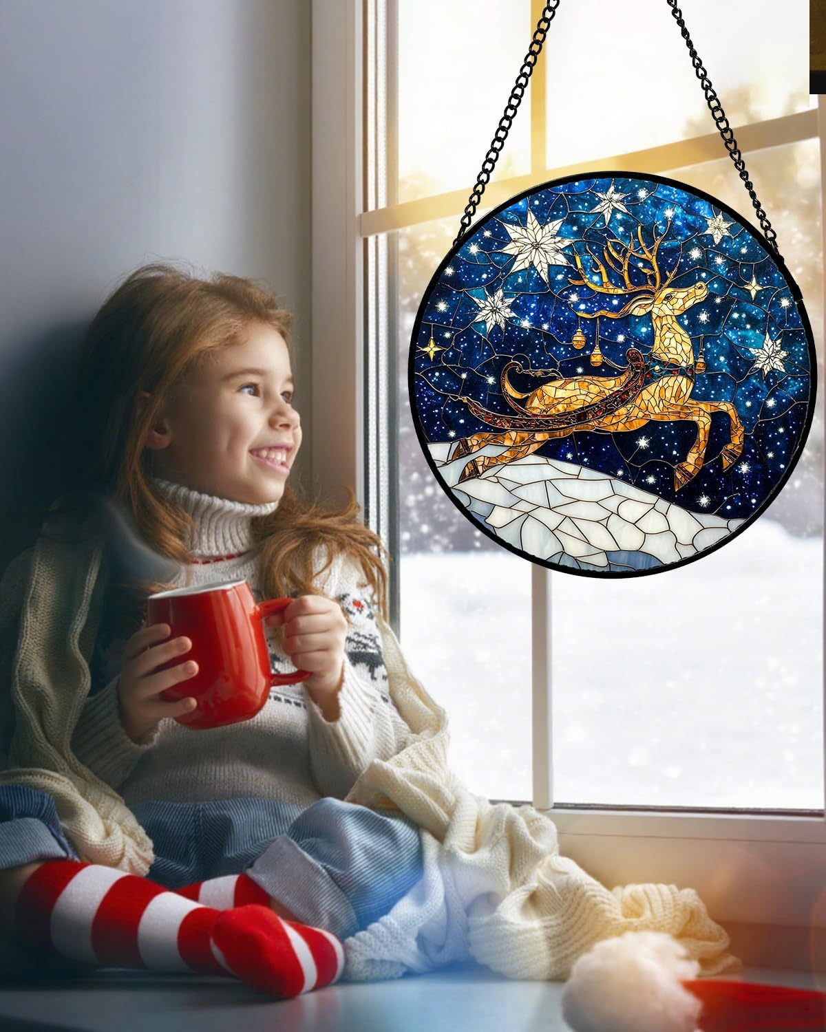 Stained Glass Window Hanging - Reindeer Blue Starry Sky Suncatcher for Doors Home Christmas Decoration Winter Sun Catcher Thanksgiving New Year Birthday Gifts for Women Men Mom Nana 15 in