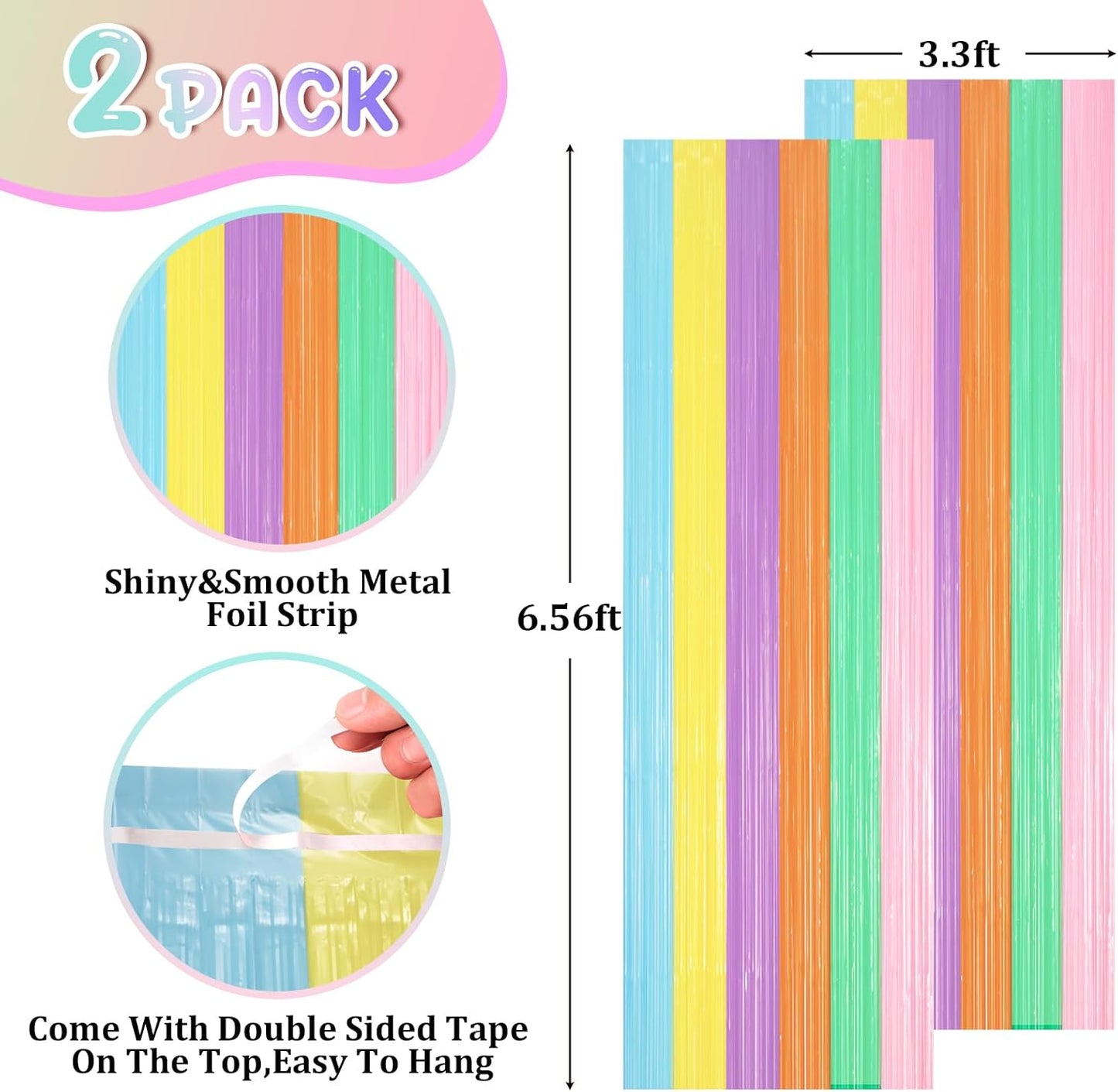 2 Pack Pastel Rainbow Foil Fringe Backdrop Curtains, Tinsel Streamers Party Decorations, Fringe Backdrop, Door Shimmer for Baby Shower or Birthday Party