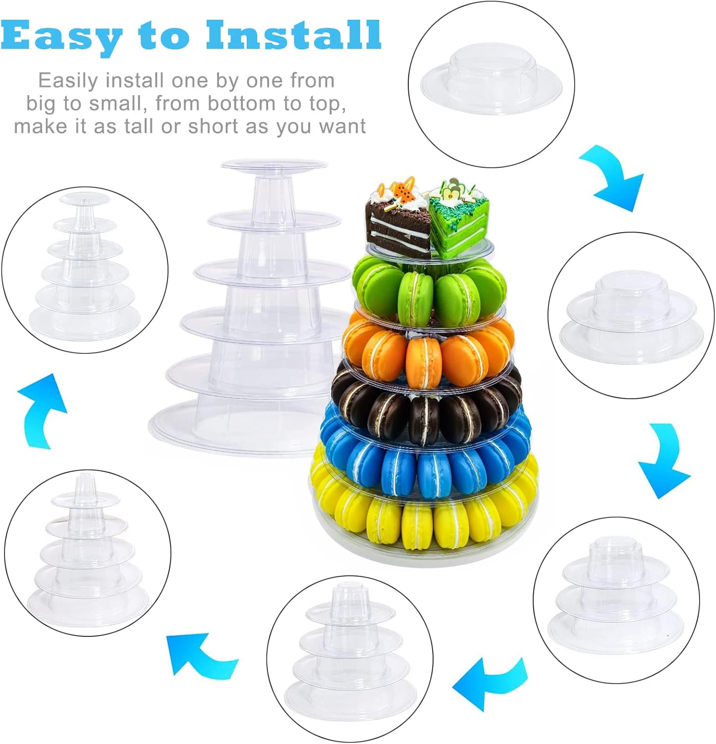 6 Tiers Round Macaron Tower Stand Plastic Transparent Cake Stand Macaron Display Rack Desserts Cupcake Holder Platter for Baby Shower, Birthday Party, Wedding, Party Decor