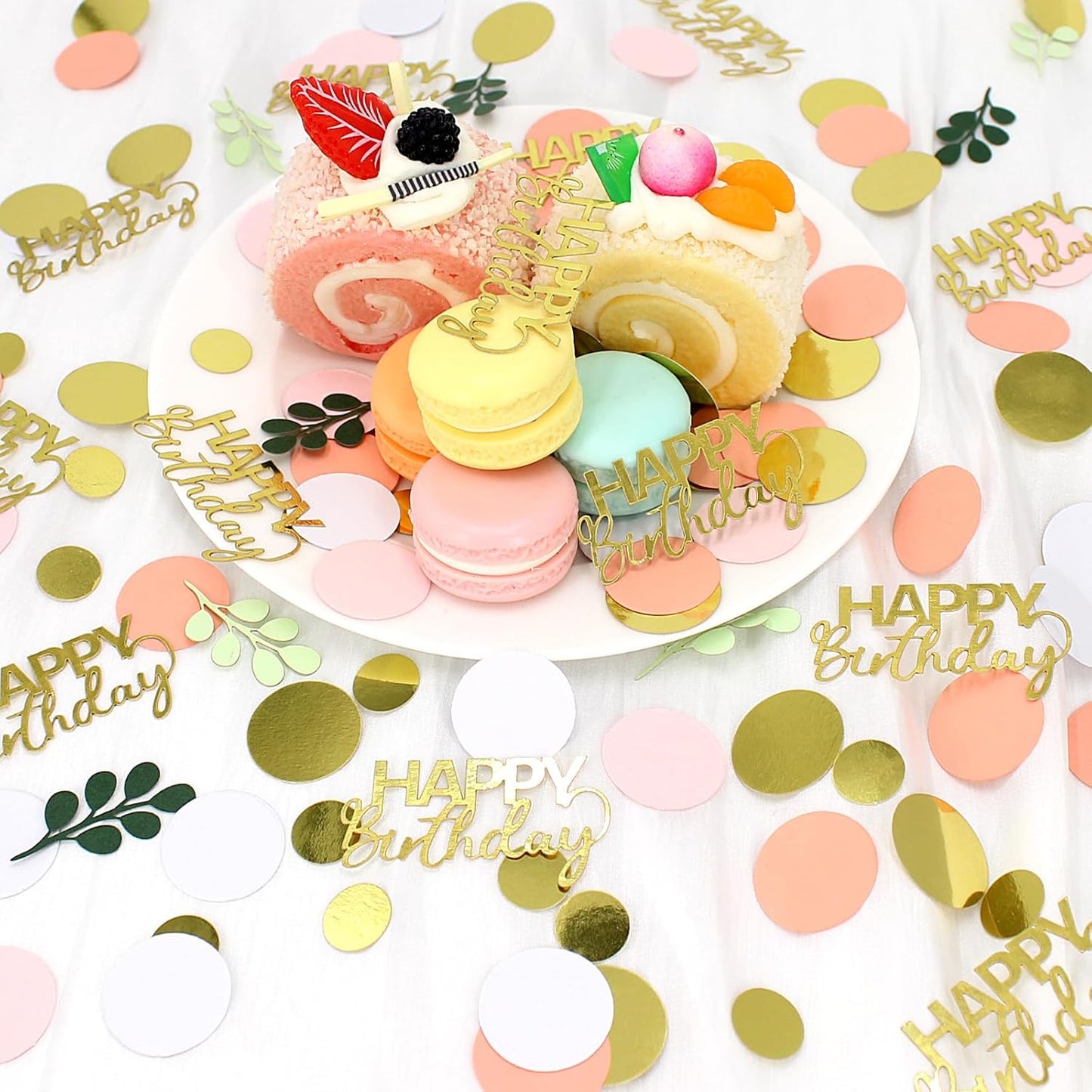 300PC Pink and Sage Green Happy Birthday Confetti for Table Boho Birthday Decorations for Women/Girl Round Dots Eucalyptus Table Scatters Party Supplies