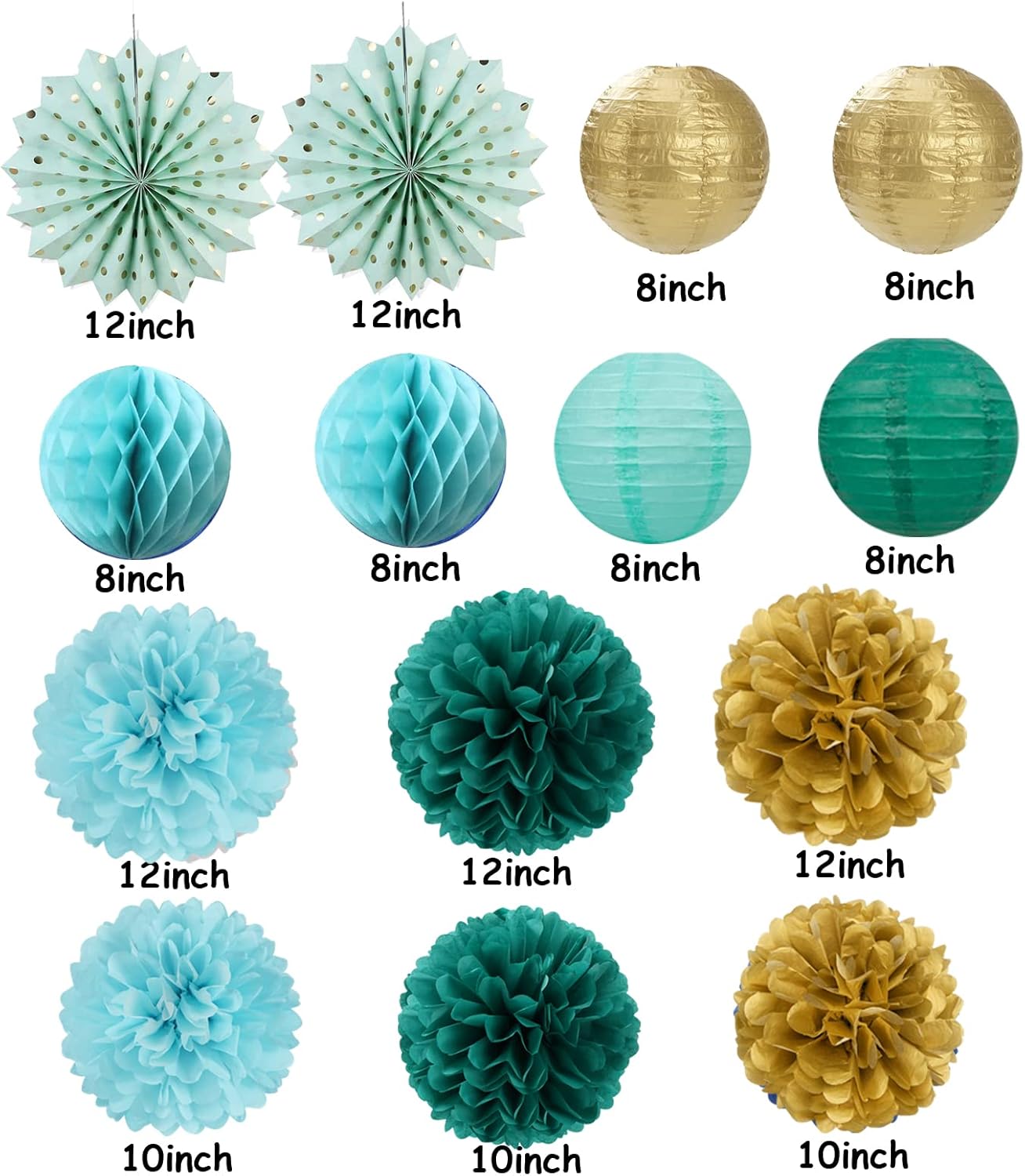 Sage-Green Teal-Blue Party-Decorations Streamers Lanterns - 14pcs Rustic Wedding Baby Shower Paper Lanterns Fan,Tissue Pom Poms,Honeycomb Balls,Birthday Bachelorette Engagement Bridal Decor Ouruola