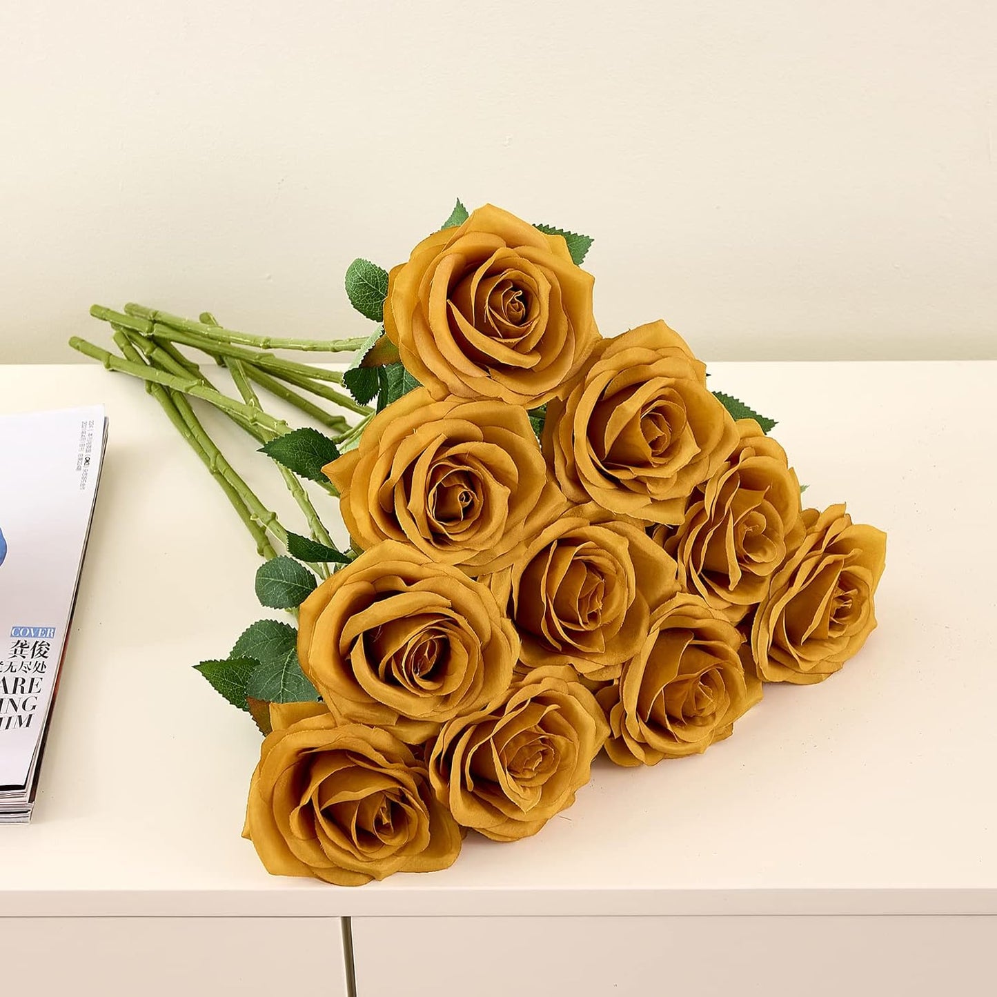 Artificial Rose 10pcs Open Flower Bouquet Faux Rose Stems for Wedding Arrangement, Bridal Bouquet, Centerpiece, Fake Faux Silk Flowers (Mustard Yellow)