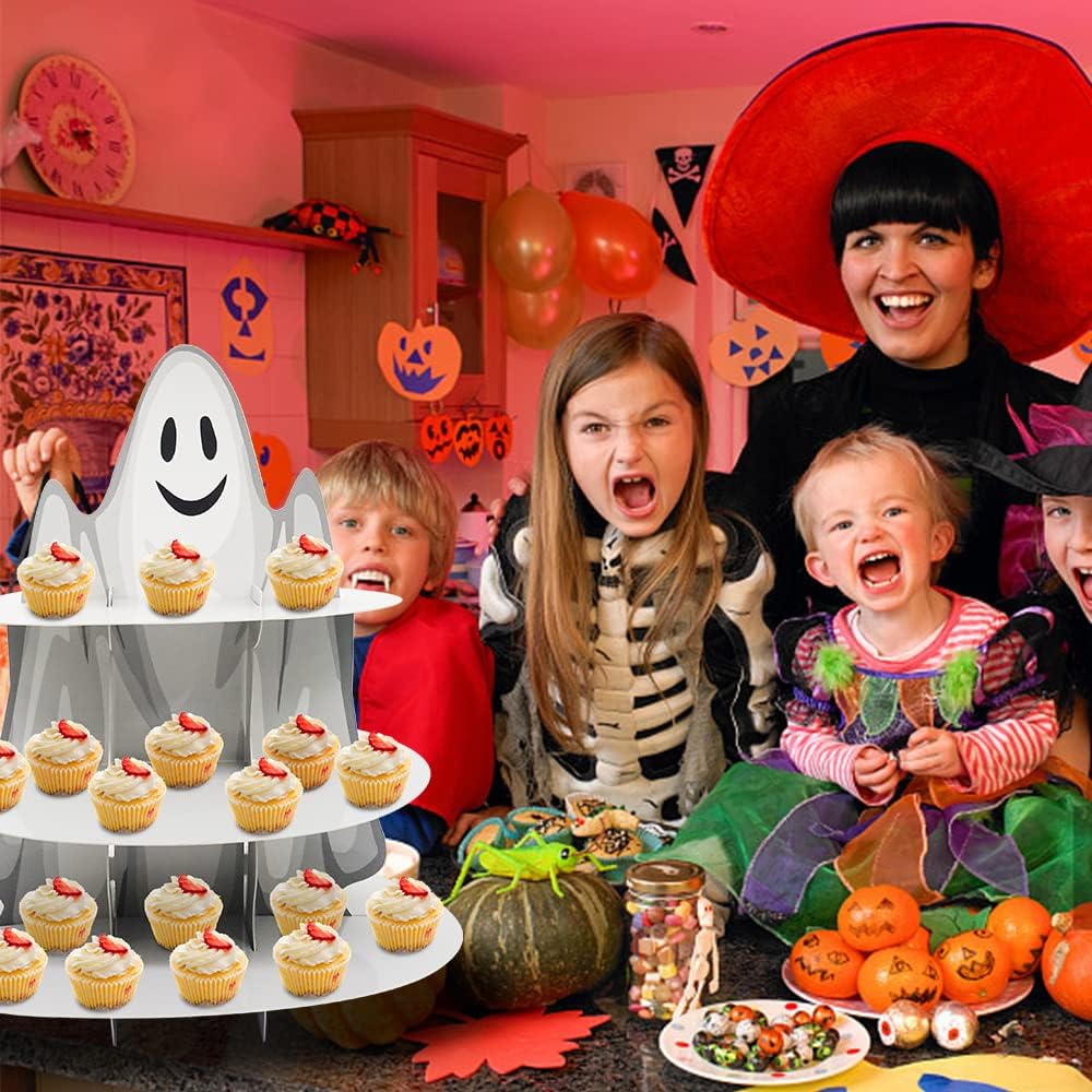 3-Tier Halloween Cupcake Stand Tower Halloween Castle Cake Stand Halloween Round Cardboard Dessert Tower Dessert Tree Tower for Halloween Party Supplies Dessert Serving Tray for Halloween Decorations
