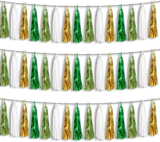 3P Sage-Green Beige-Mint Gold Foil Fringe Metallic Tassel Garland Banner, Tassels Banner Streamers for Parade Floats, Bachelorette, Wedding, Birthday, Christmas, Bridal/Baby Shower Party Decorations