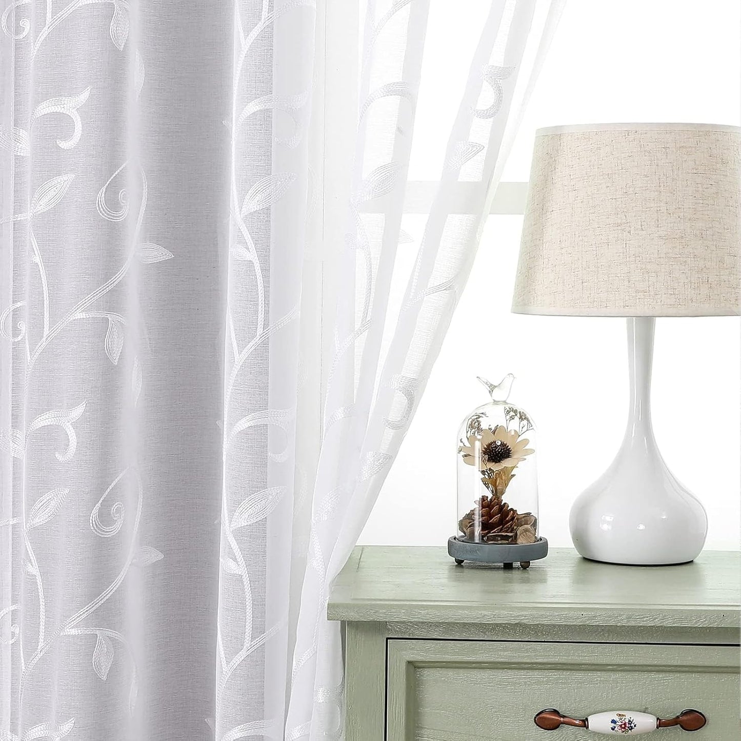 VISIONTEX Sheer Voile Curtains, Decorative White Leaves Embroidery Faux Linen Rod Pocket Window Drapes for Home Kitchen, Living Room and Bedroom 54 x 54 Inch, Set of 2 Curtain Panels