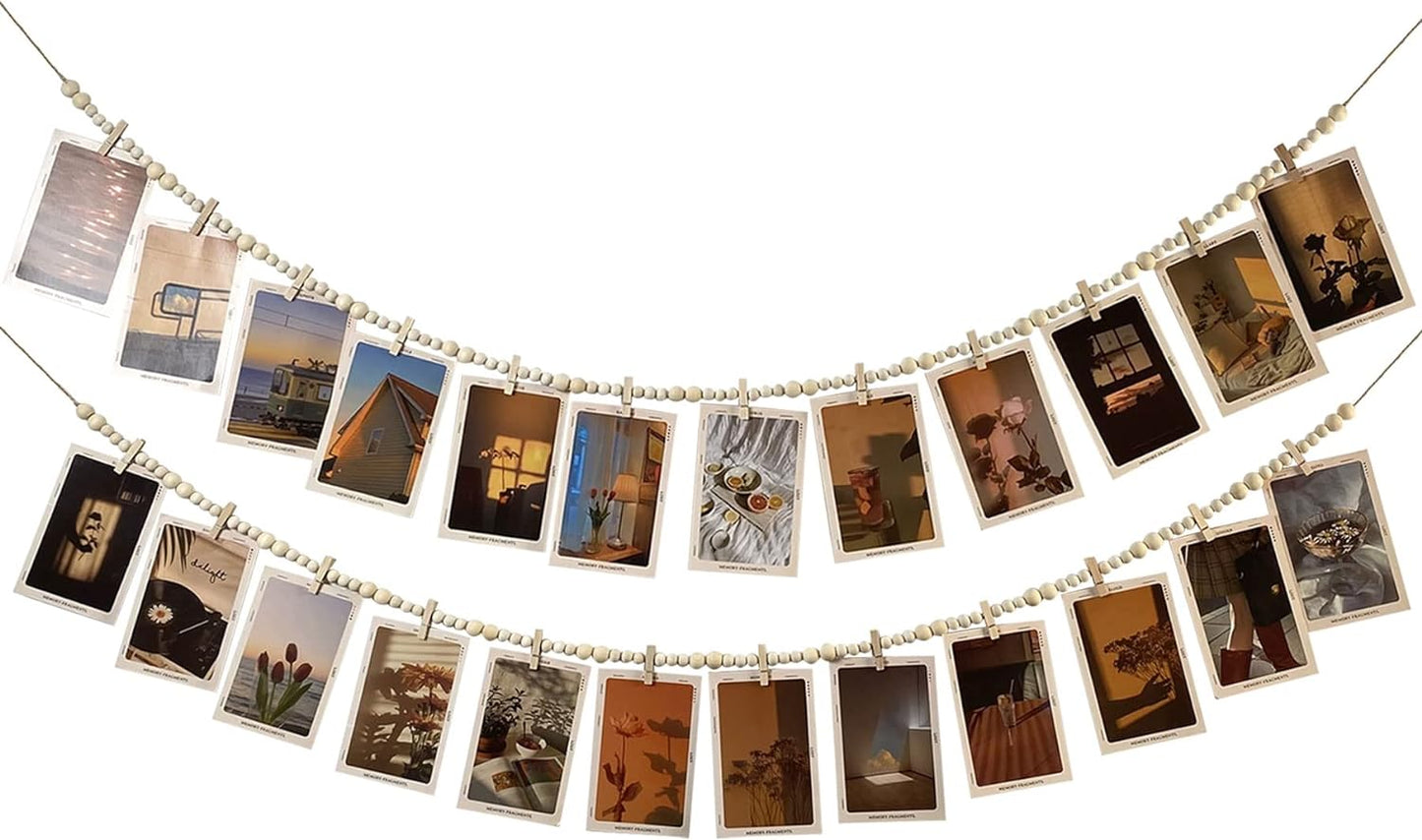 Hanging Photo Display With 12 Clips, Wooden Bead Garland 2PCS, Boho Style Collage Photo Frame Decoration for Dorms, Classrooms, Bedrooms